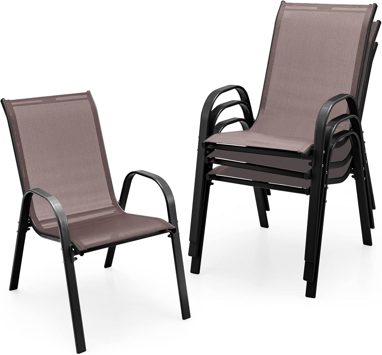 Tangkula 4PCS Patio Stacking Dining Chairs w/ Curved Armrests & Breathable Seat Fabric Brown