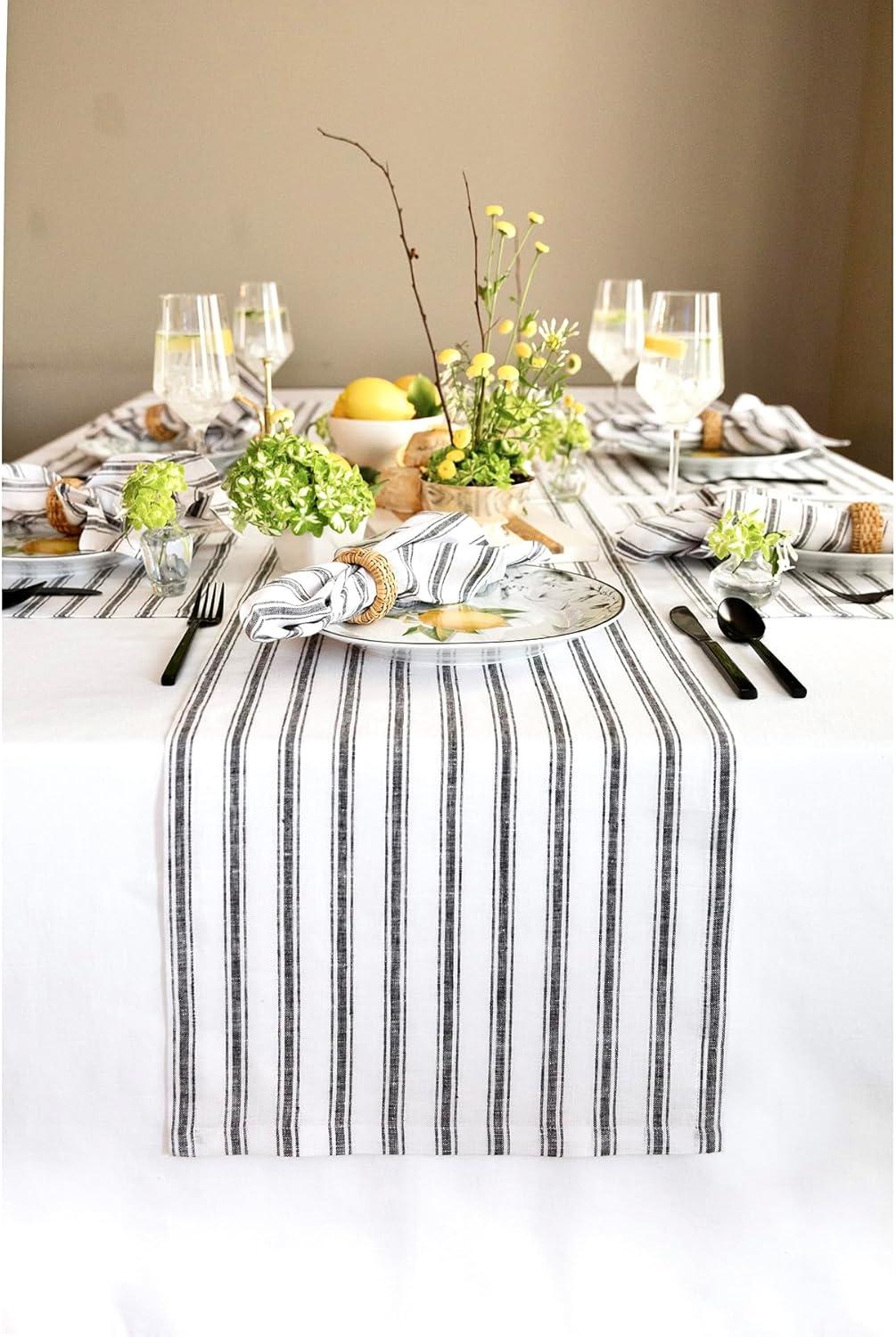 Black and White Linen Stripe Table Runner 48 Inch