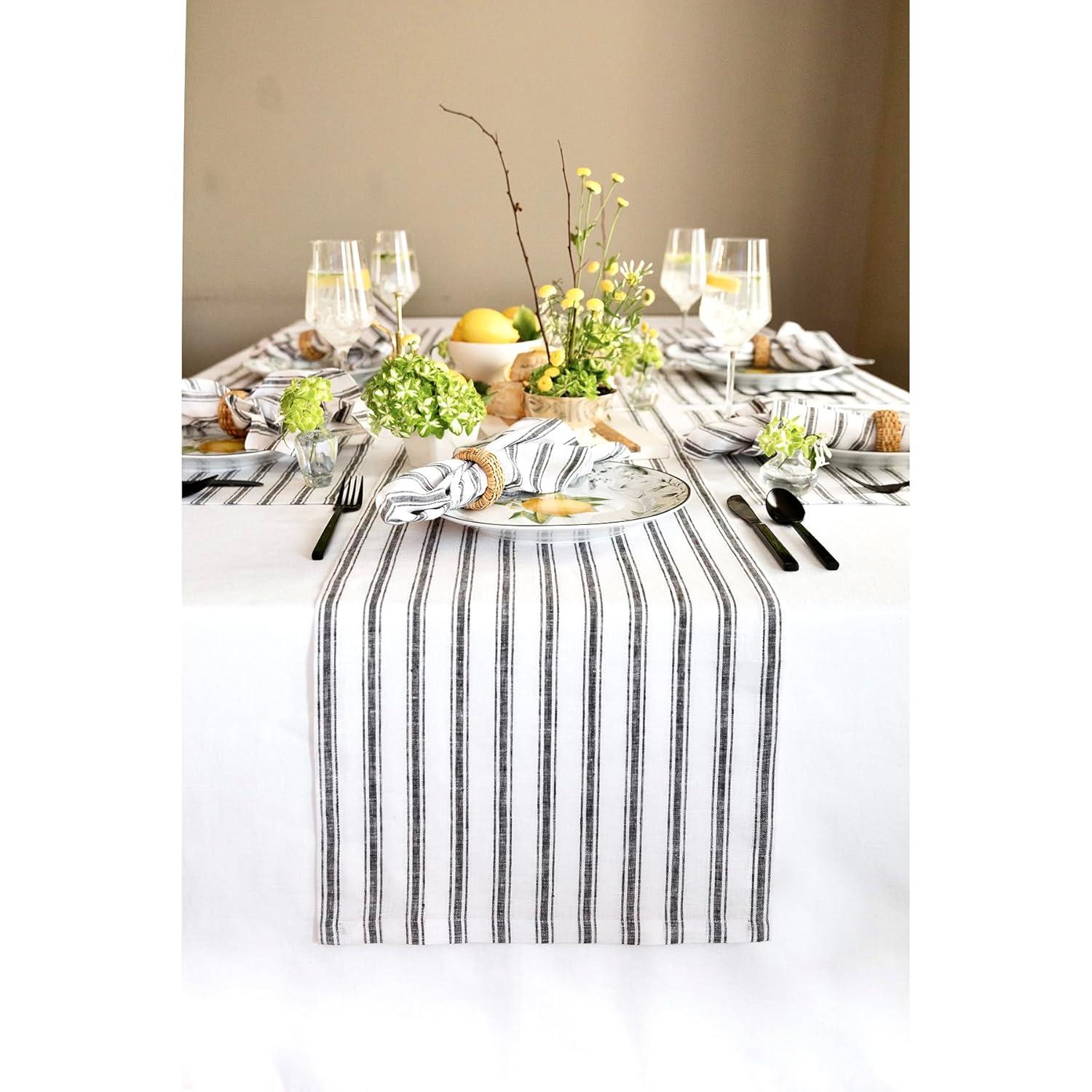 Solino Home Capri Ticking Stripe - 100% Pure Linen Table Runner