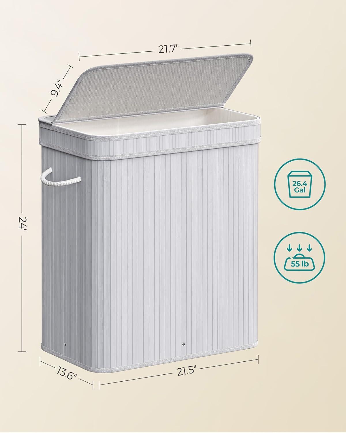 100L Laundry Hamper with Lid Bamboo Laundry Basket with Liner Bag Foldable Storage Hamper with Handles Gray