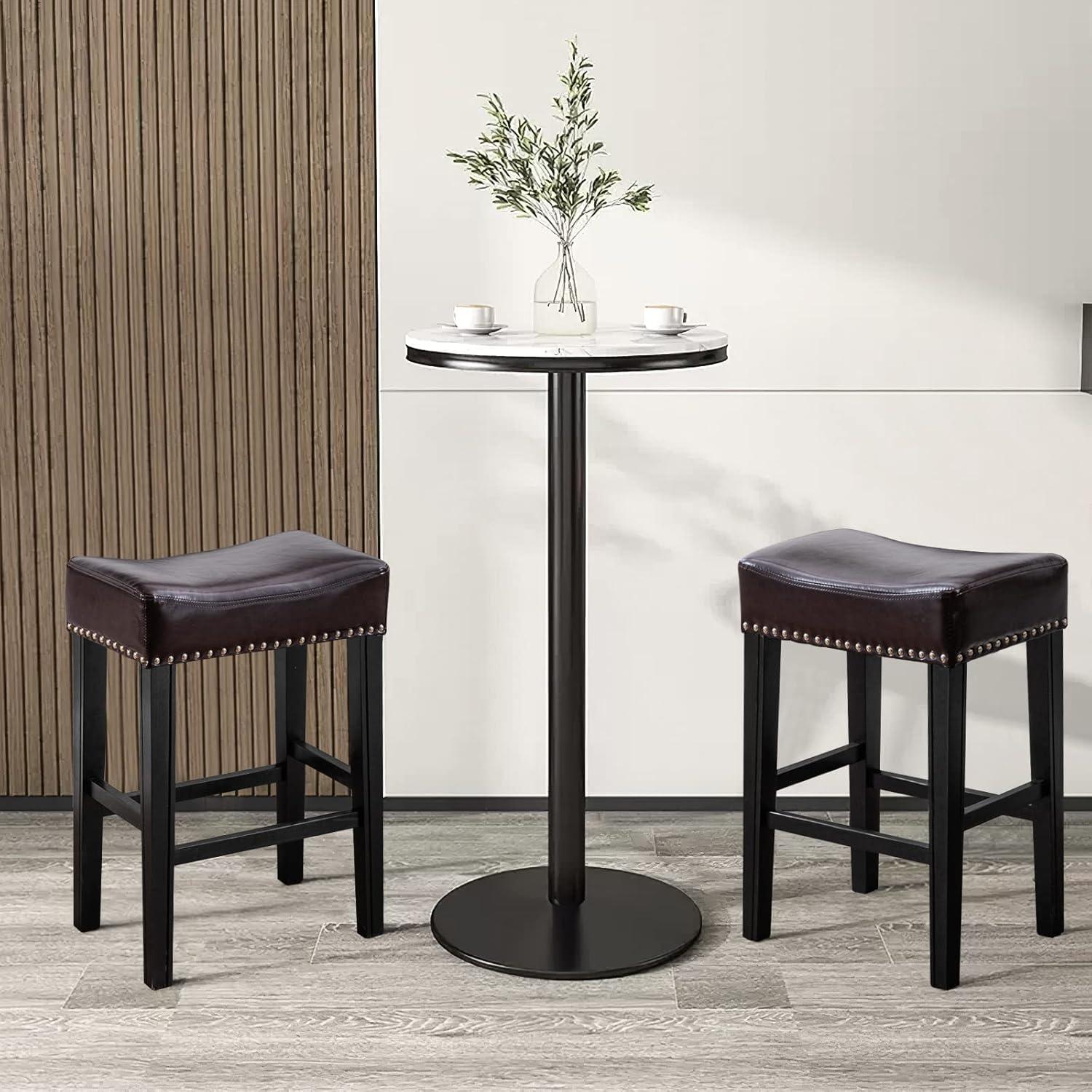 Bar Stools Set of 2, 26" Faux PU Leather Upholstered Counter Height Backless Saddle Stools with Nailhead Trims and Solid Wood Legs Farmhouse Island Chairs for Kitchen Dining Room Pub, Gray