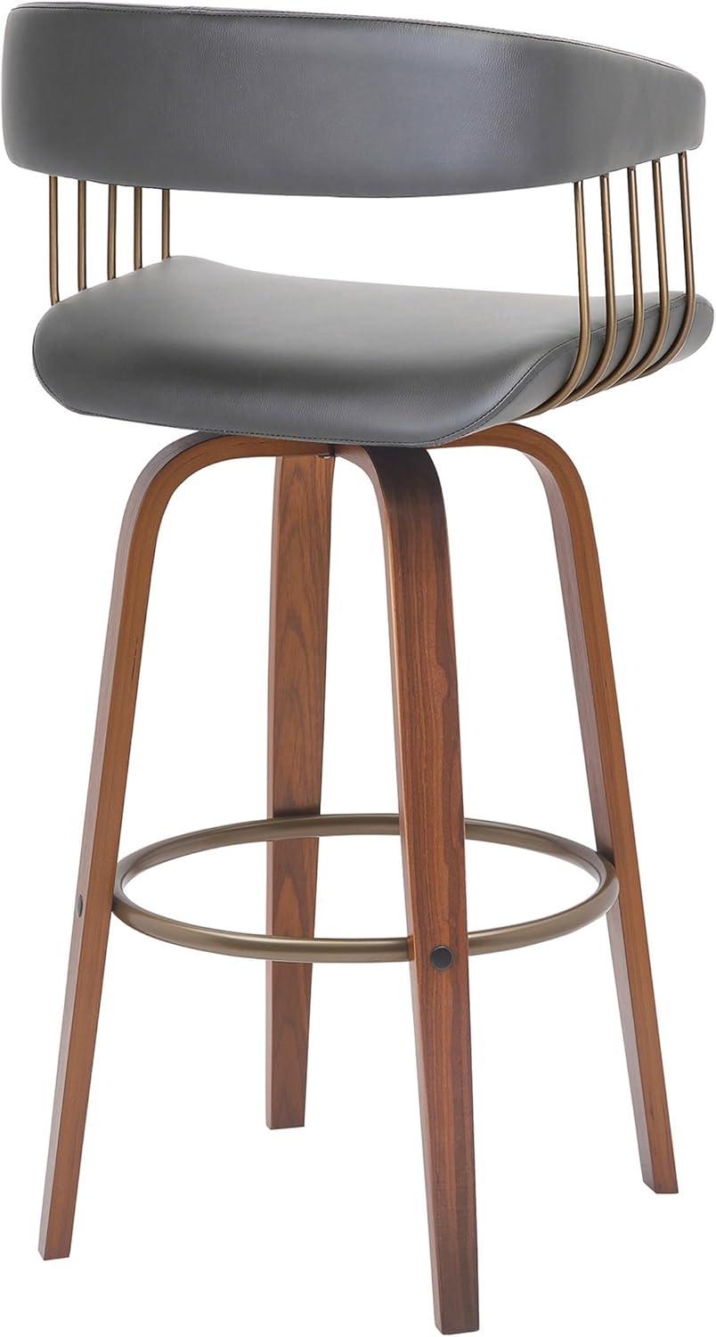 Gray Faux Leather Bronze and Walnut Swivel Barstool