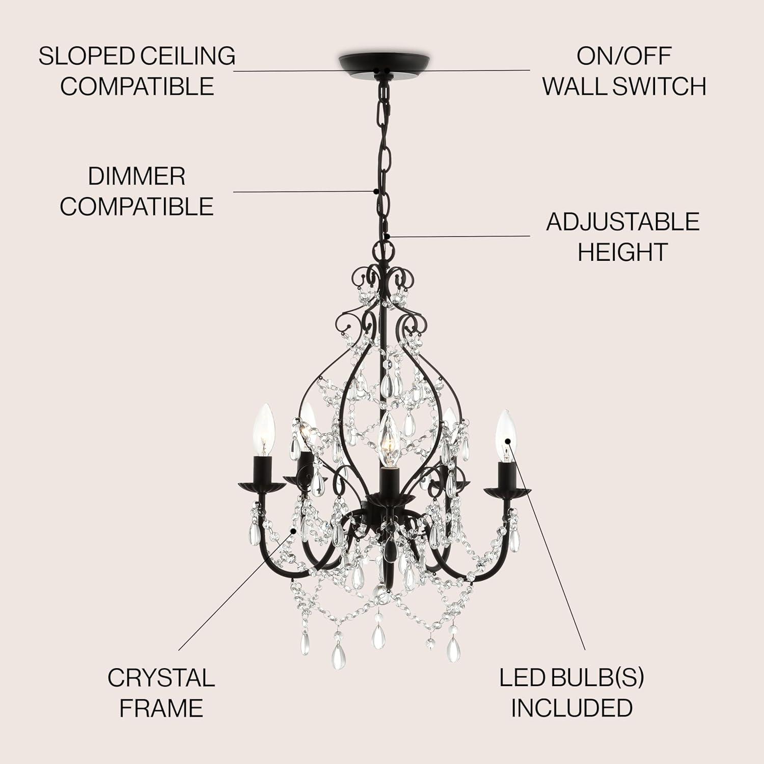 Maura 5-Light 17" Crystal/Metal LED Chandelier, Black