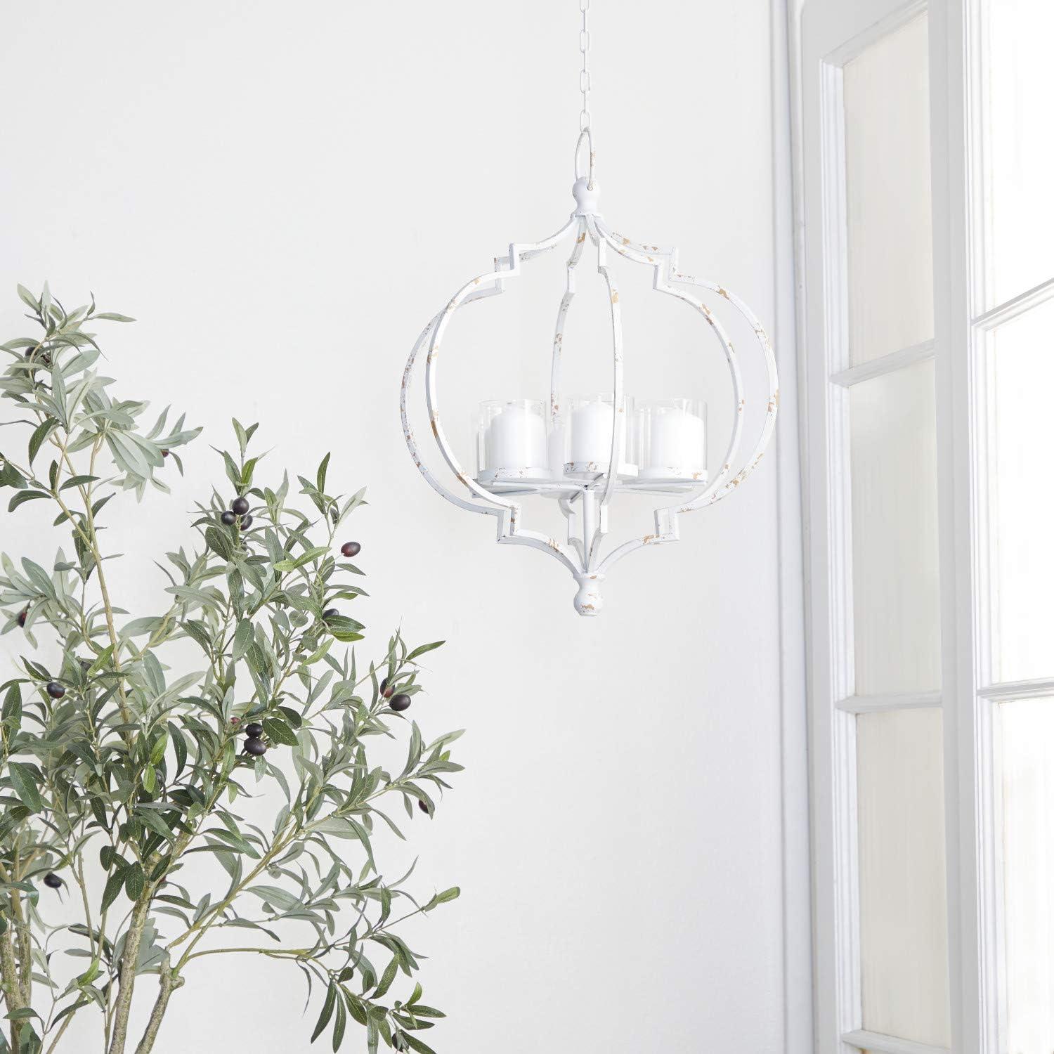 Elegant Farmhouse 17" White Metal Hanging Candle Lantern