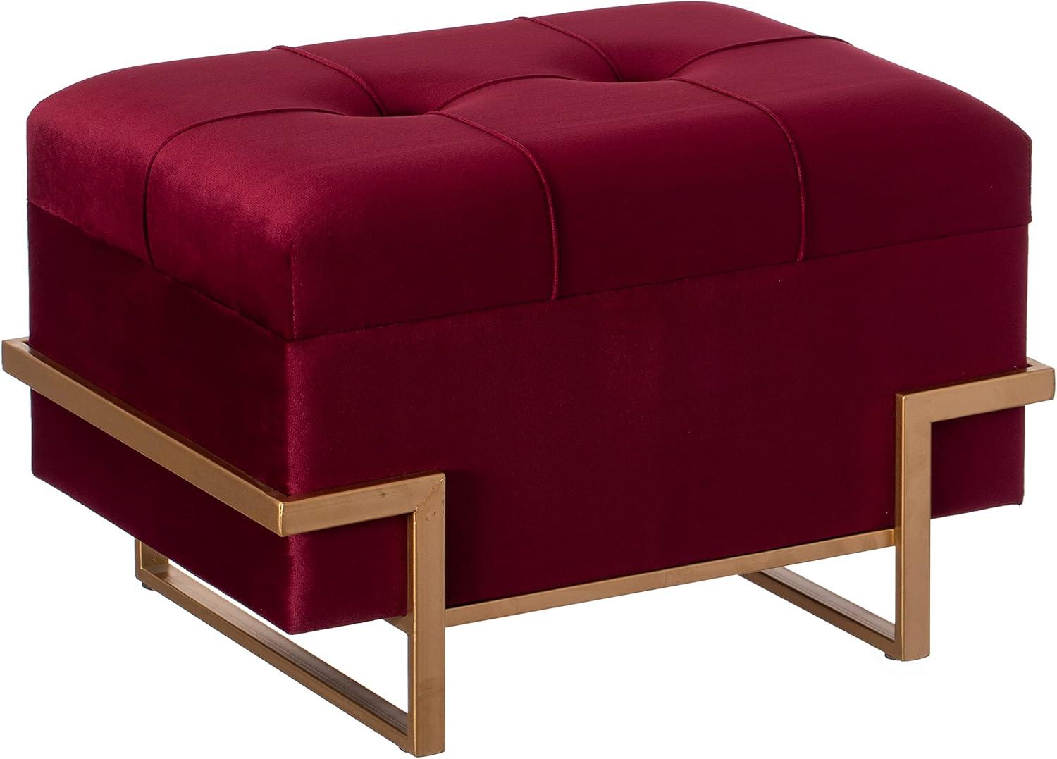 Velvet Red Storage Ottoman with Golden Abstract Legs