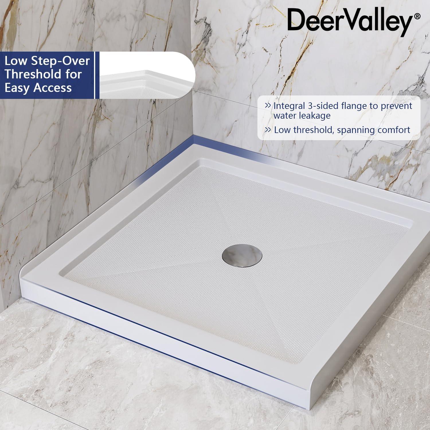 DeerValley 35" L x 35" W Single Threshold Square White Shower Base Center Drain, Non-slip Design