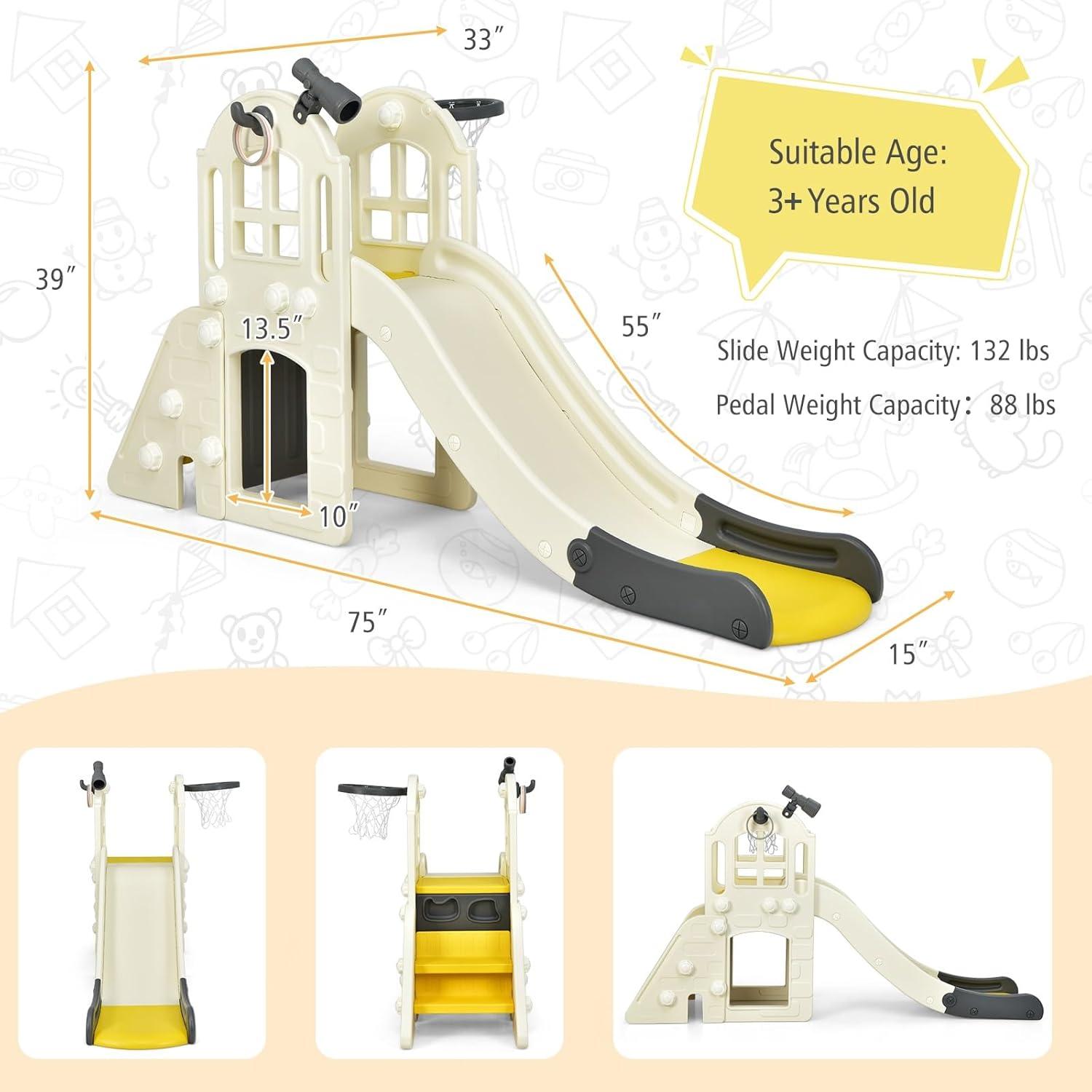 Costway 6-In-1 Large Slide for Kids Toddler Climber Slide Playset w/ Basketball Hoop Yellow