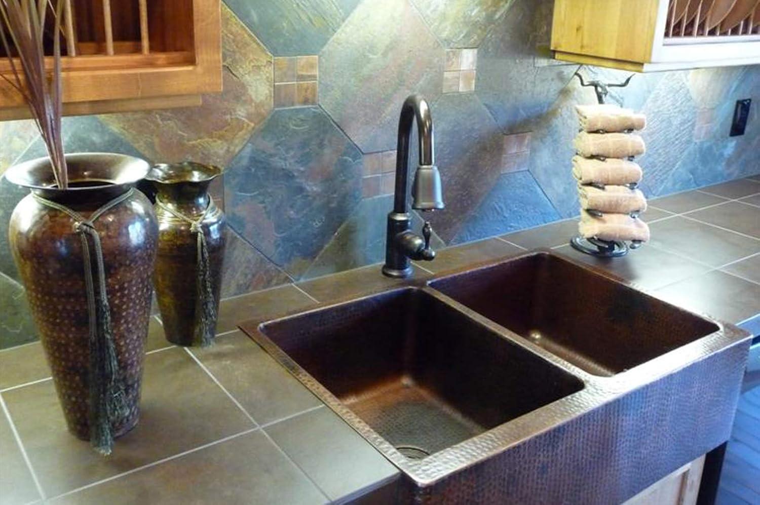 Premier Copper Products KA50DB33229 33" Hammered Copper Apron Front 50/50 Double Basin Kitchen Sink