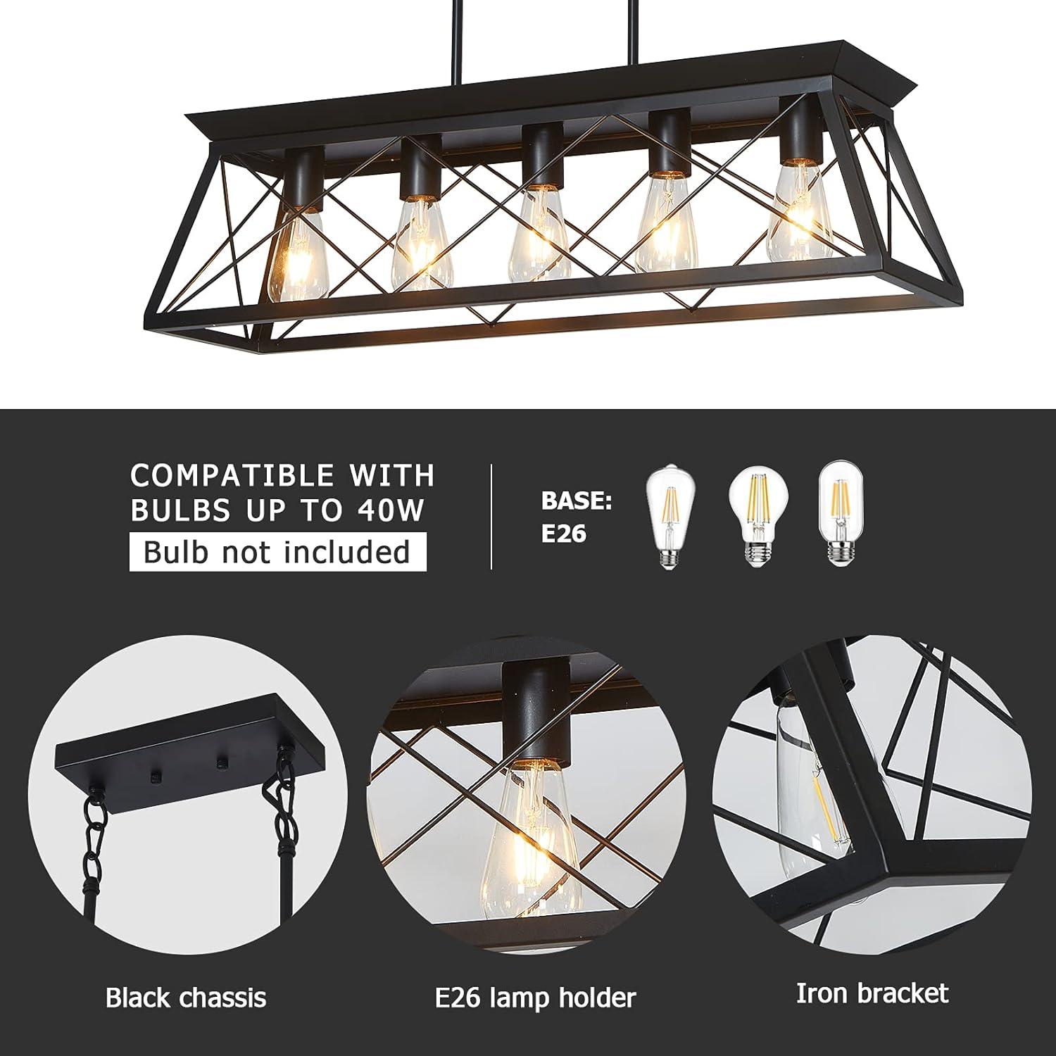 5-Light Farmhouse Chandeliers For Dining Room, Metal Rustic Pendant Island Light Fixture, Modern Rectangular Island Lights For Kitchen, Living Room Pure Black(No Bulbs)