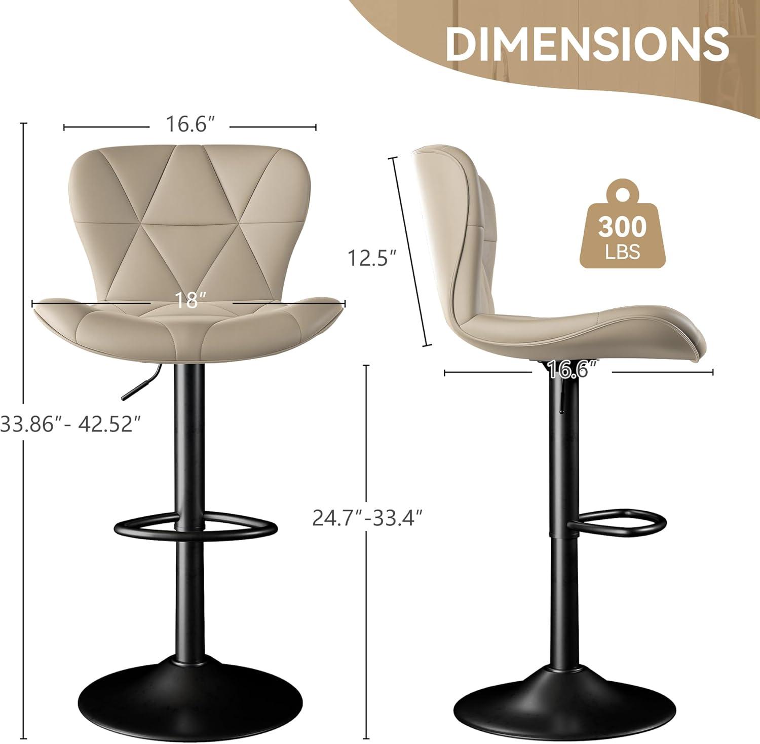 Modern Bar Stool Set of 2, Adjustable Faux Leather Upholstered Swivel Counter Stools, Counter Barstools with Back for Kitchen Island, Khaki