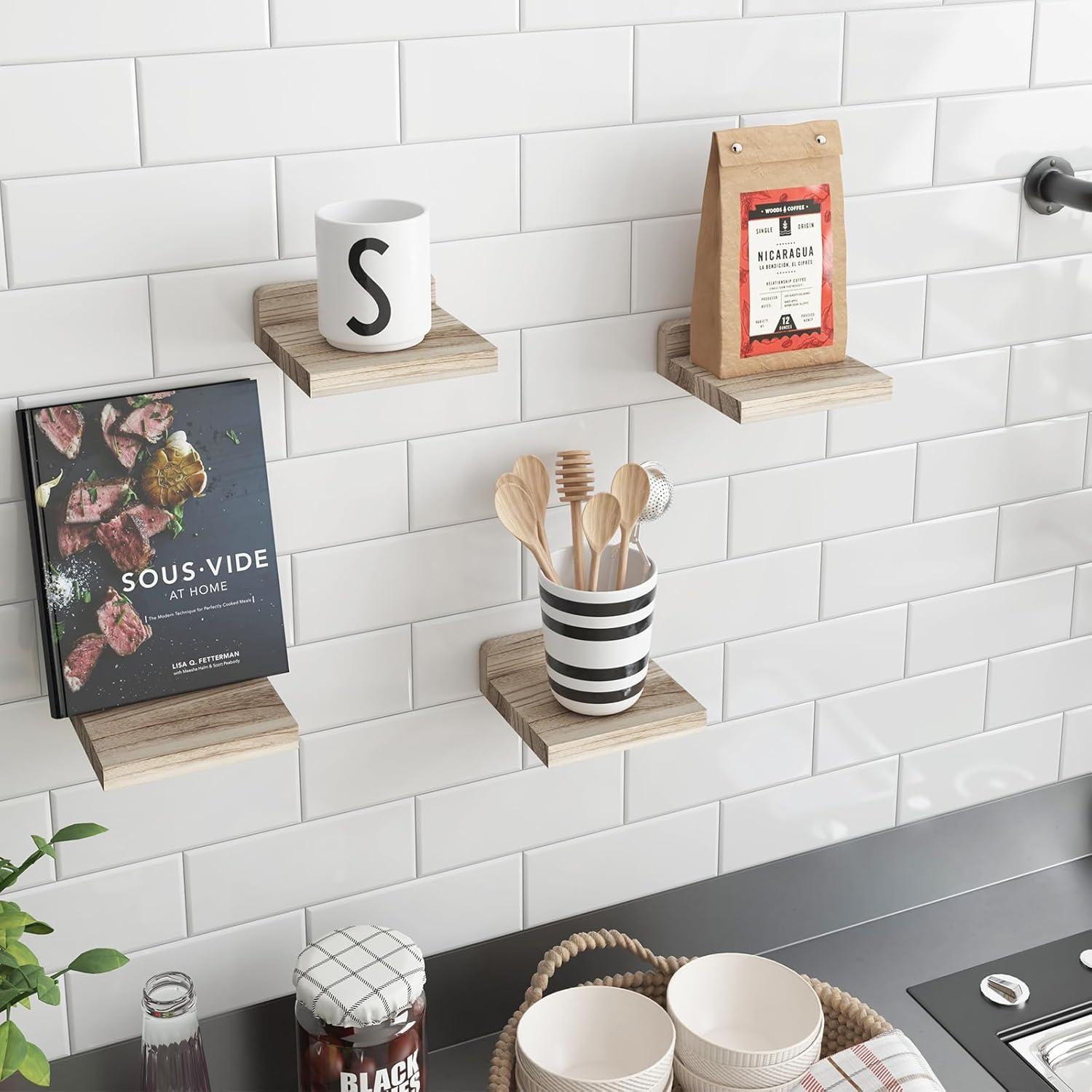 Fairy Small Floating Shelves, Wall Shelf Set of 4, Rustic Wood Small Wall Mounted Shelves, 5x5inches, Dark Carbonized Black