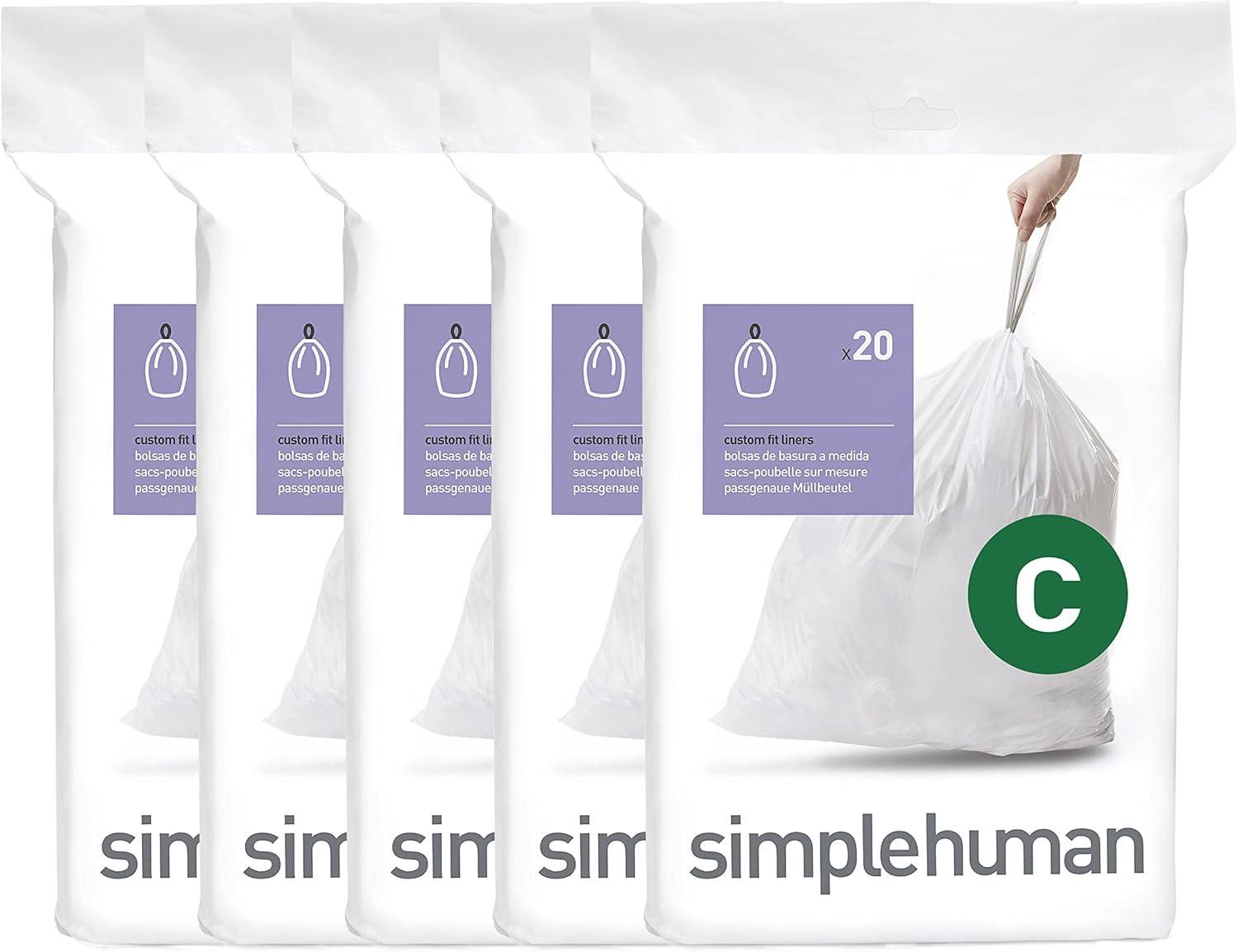 simplehuman 10-12L Code C Custom Fit Kitchen Trash Bag Liners 5 Quick-Dispense Packs - 100ct: Drawstring, White, 3.2 Gallon