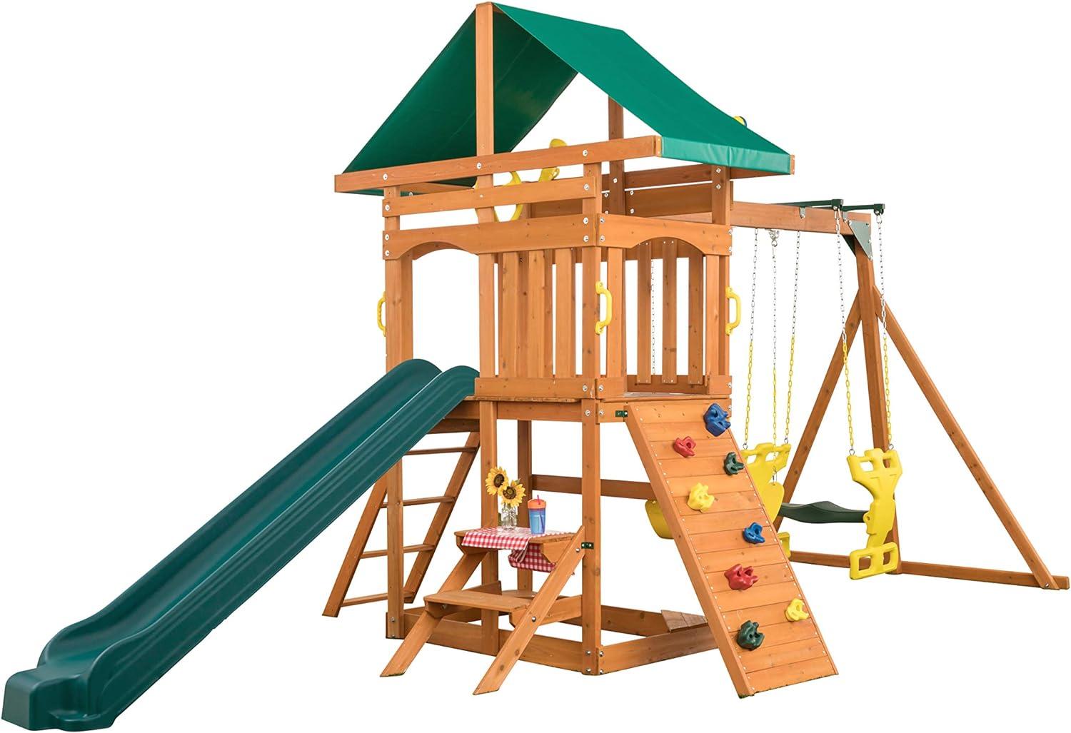 Sky View Cedar Backyard Playset | W: 17'10" D: 9'4" H: 9'9" | w/2-Person Glider & 2 Belt Swings | Binoculars, Steering Wheel & Telescope | Kids Age 3-12 | ASTM Standards | 10-Year Warranty on Wood