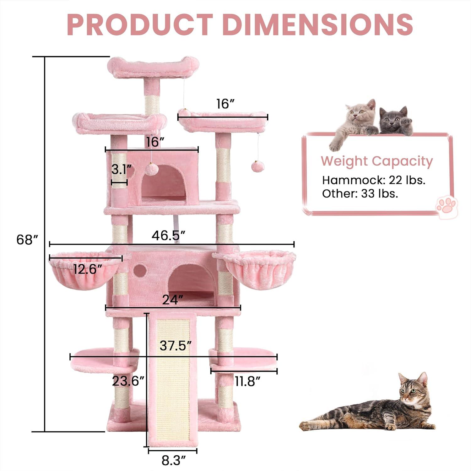 68 Inches Multi-Level Large Cat Tree/Cat Tower for Indoor Cat/Tall Cat Climbing Tree with Cat Condo/Cozy Plush Cat Perches/Sisal Scratching Post/Wide Base Board/Hammocks/Cave/Pink