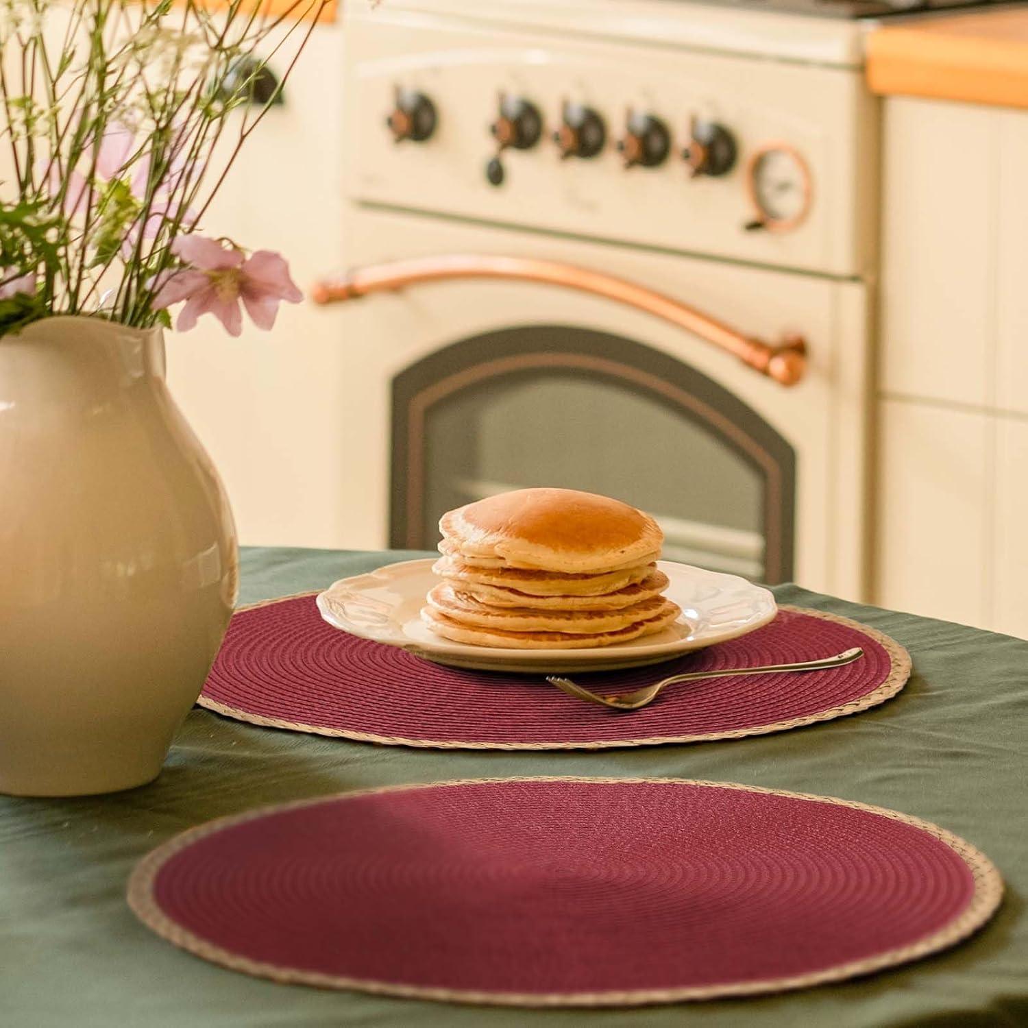 Noctiflorous 15 Inch Round Braided Placemats Set of 4 Washable Wipeable Easy Clean Heat Resistant Woven Dining Table Mats Decor for Holiday Parties Indoor Outdoor Daily Use(Red Thin Edge, 4)