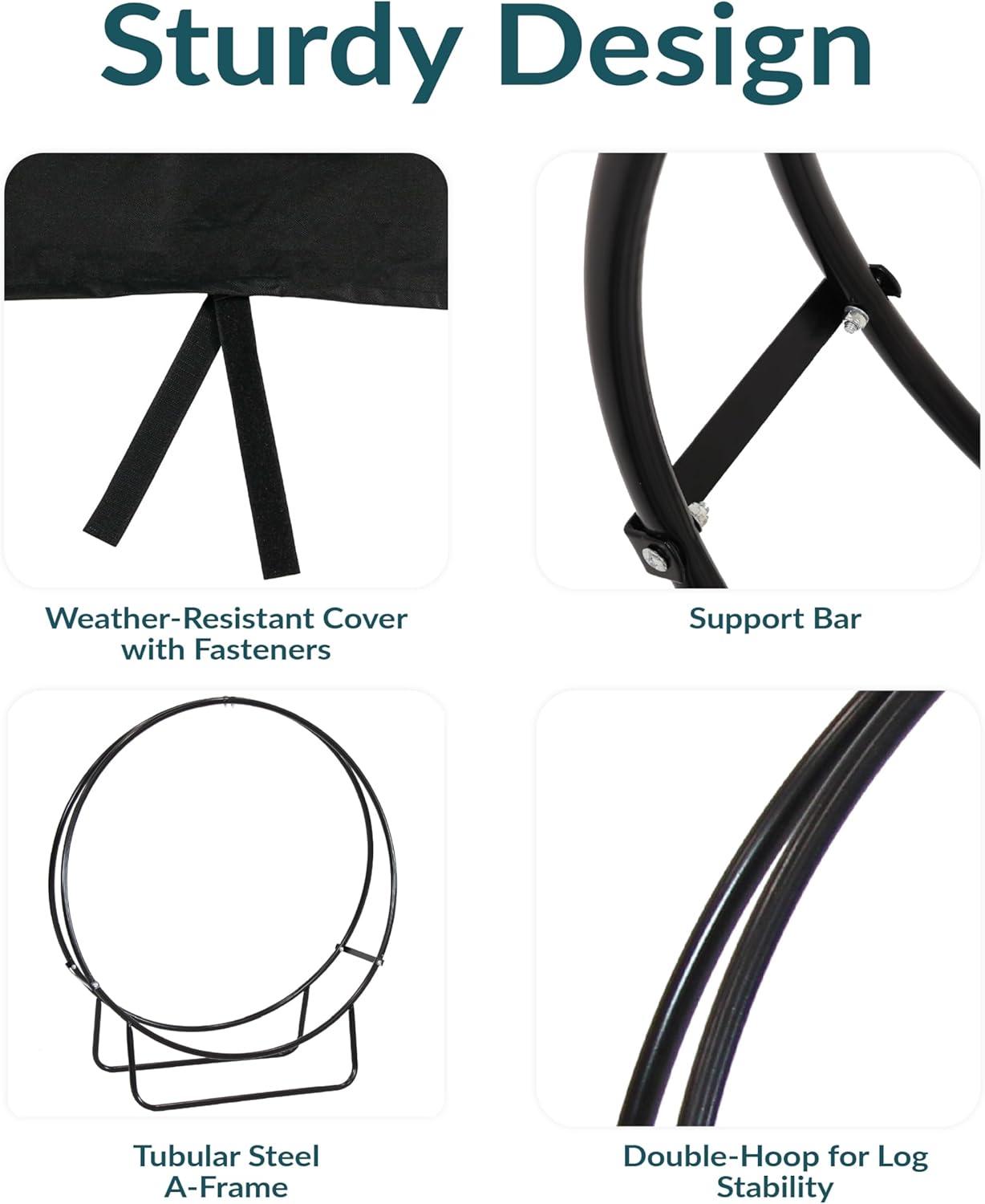 Sunnydaze Outdoor Heavy-Duty Steel Firewood Log Hoop Storage Rack with Weather-Resistant PVC Log Hoop Cover - 48" - Black