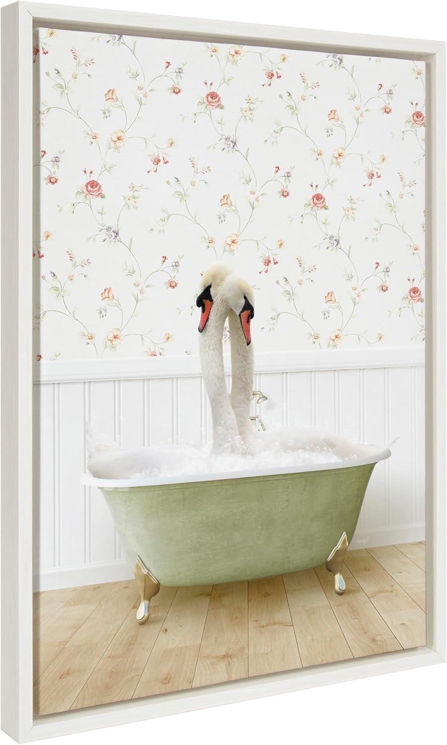 Whimsical Swans in Bathtub Framed Canvas Wall Art, 18x24 White