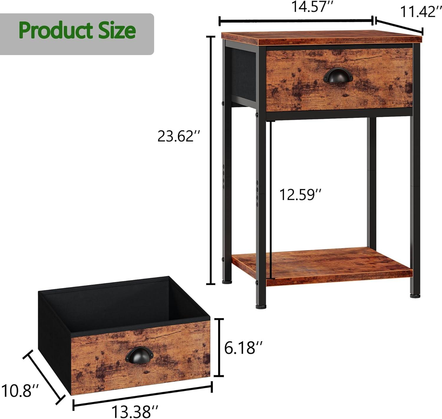 Furologee Nightstands Set of 2, Industrial End Table with Fabric Drawer & Storage Shelf, Retro Bedside Tables Organizer, Sturdy Side Table for Living Room, Bedroom