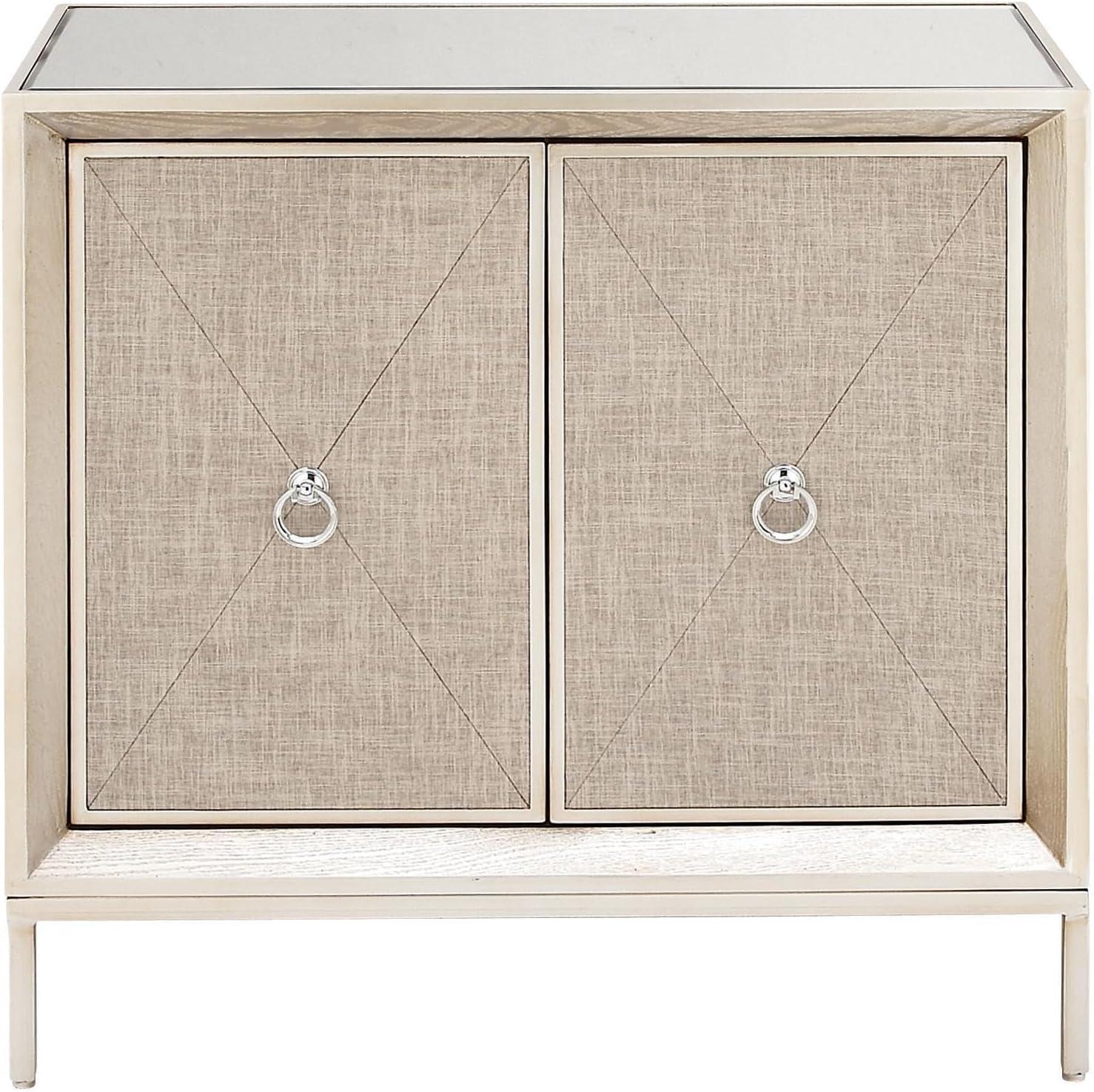 DecMode 32" x 32" Beige Wood Upholstered Front Panel 1 Shelf and 2 Doors Cabinet with Mirrored Top and Ring Handles, 1-Piece