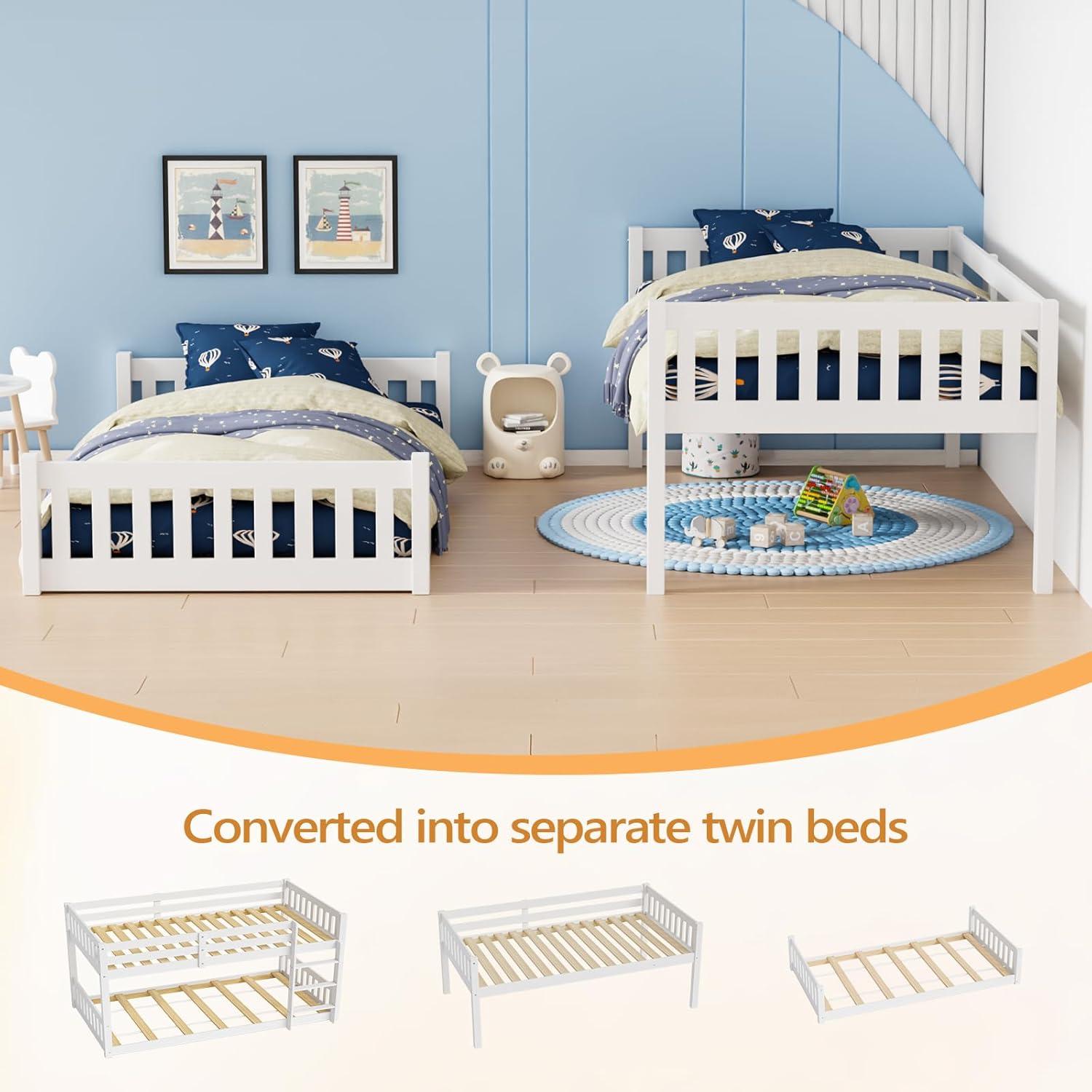 JOYMOR Wood Low Twin Over Twin Bunk Bed for Kids/Toddlers/Junior, Bunk Bed Frame with Guardrails & Ladder for Boys Girls, No Box Spring Needed, White