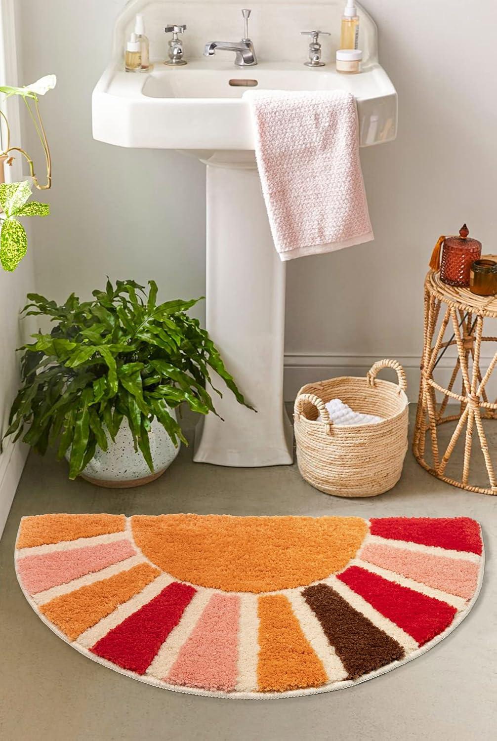 Boho Bathroom Rugs Half Circle Bath Mat Cute Bohemian Bath Rug for Bedroom Small Carpet Home Decor Non-Slip Semi Round Shower Rug Funny Washable Indoor Floor Door Mat Sun Retro 16x30inch
