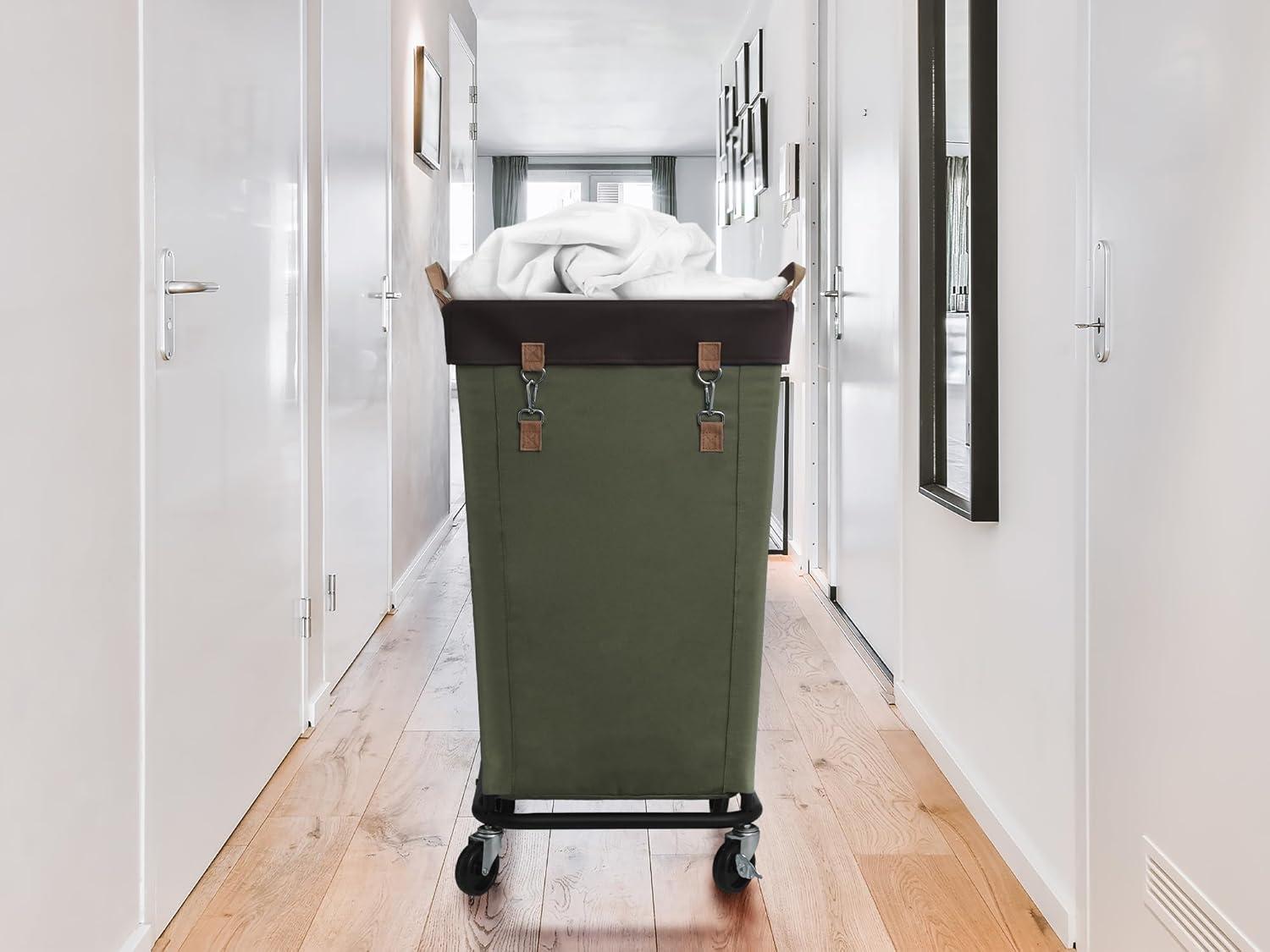 Green Collapsible Laundry Hamper with Wheels and Leather Handles