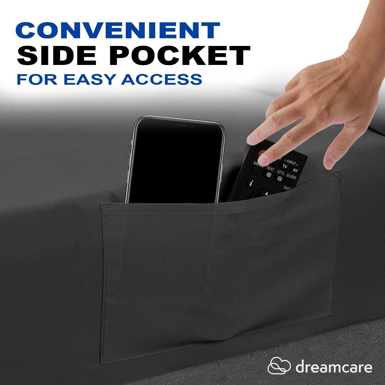 DREAMCARE - Bed Sheets Set - Queen Size Sheet with Side Pocket - 4pcs Set, 15 inches, Dark Gray