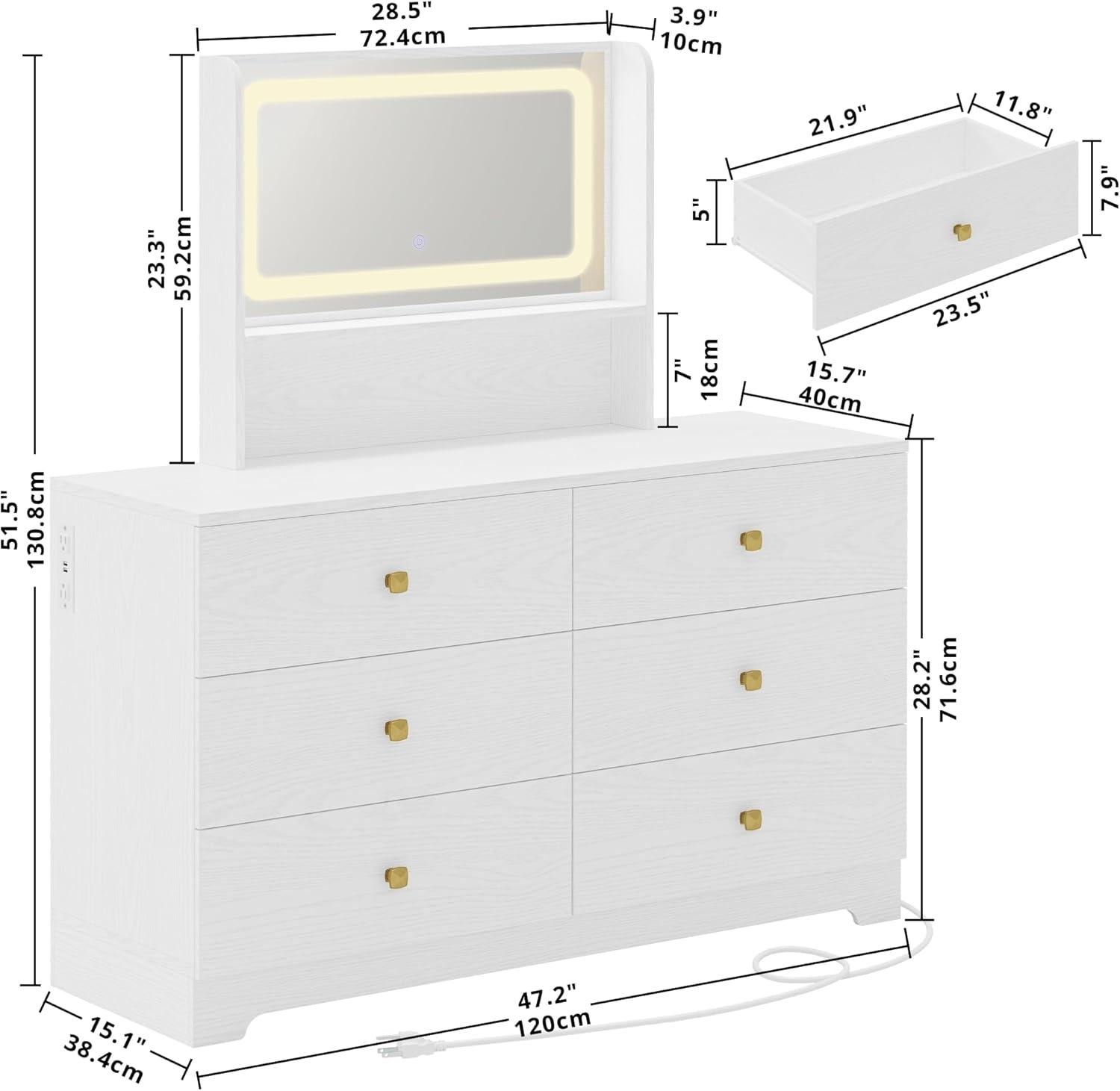 LIKIMIO Dresser for Bedroom 6 Drawer, Wood Dresser with Mirror and Charging Station, Storage Chest of Drawers for Living Room Hallway Entryway, White