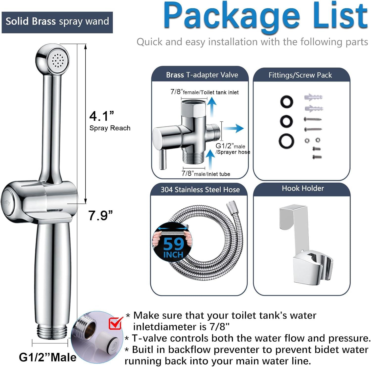 SonTiy Handheld Bidet Sprayer for Toilet, Cloth Diaper Sprayer Set Hand Held Bidet Jet Spray for Toilet with Backflow Preventer, Adjustable Water Pressure Control, Brass 7.2" Hand Bidet Wand, Chrome
