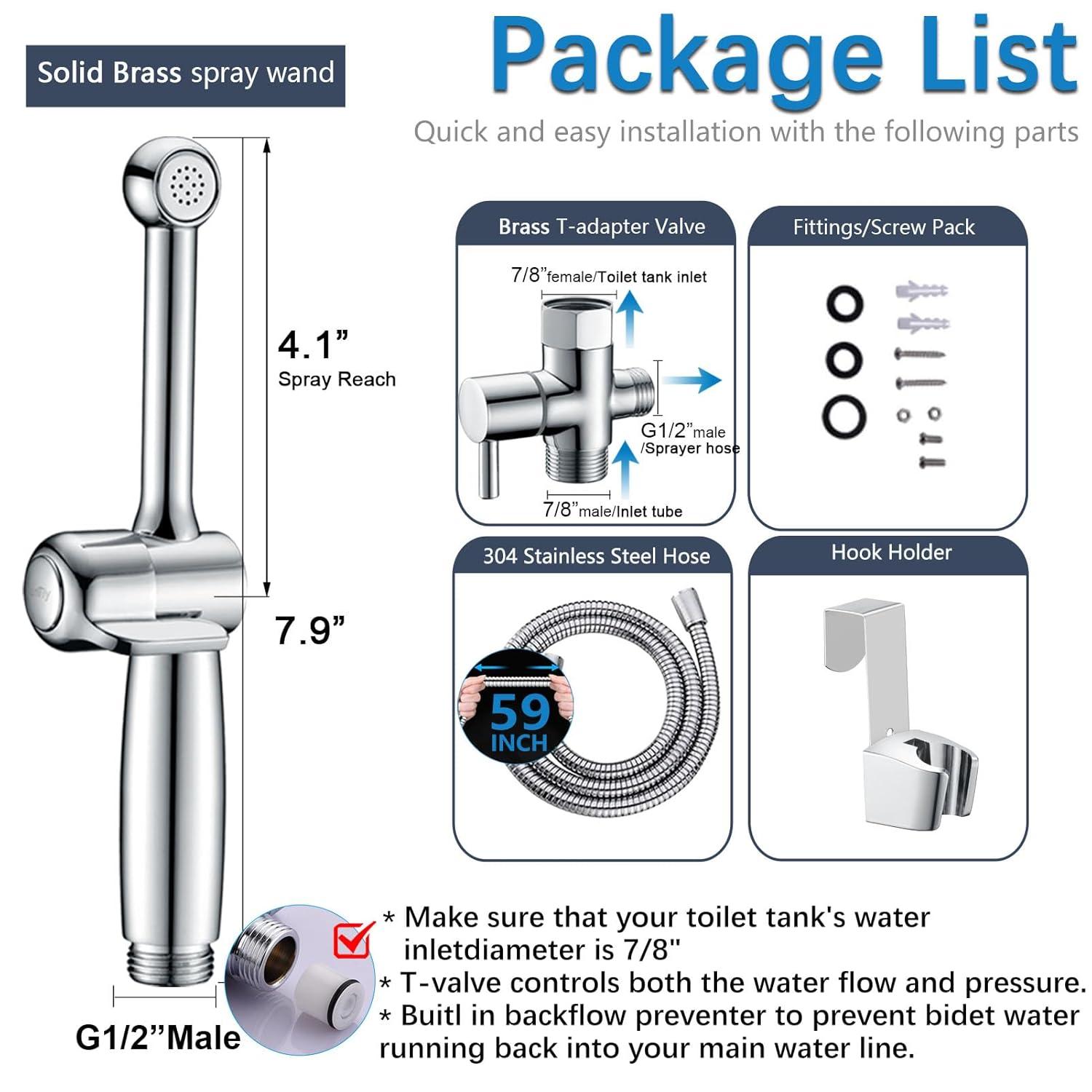 SonTiy Handheld Bidet Sprayer for Toilet, Cloth Diaper Sprayer Set Hand Held Bidet Jet Spray for Toilet with Backflow Preventer, Adjustable Water Pressure Control, Brass 7.2" Hand Bidet Wand, Chrome