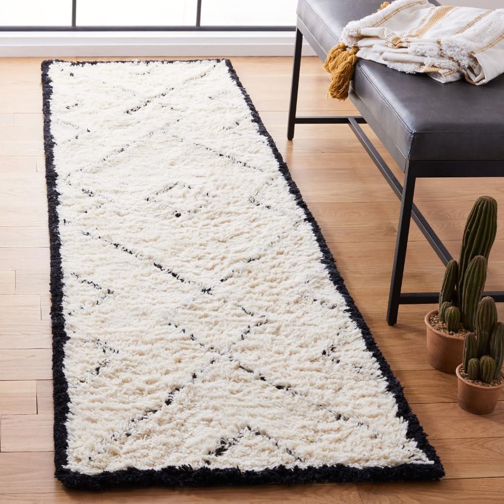 Ivory and Black Wool Hand-Tufted Geometric Runner Rug