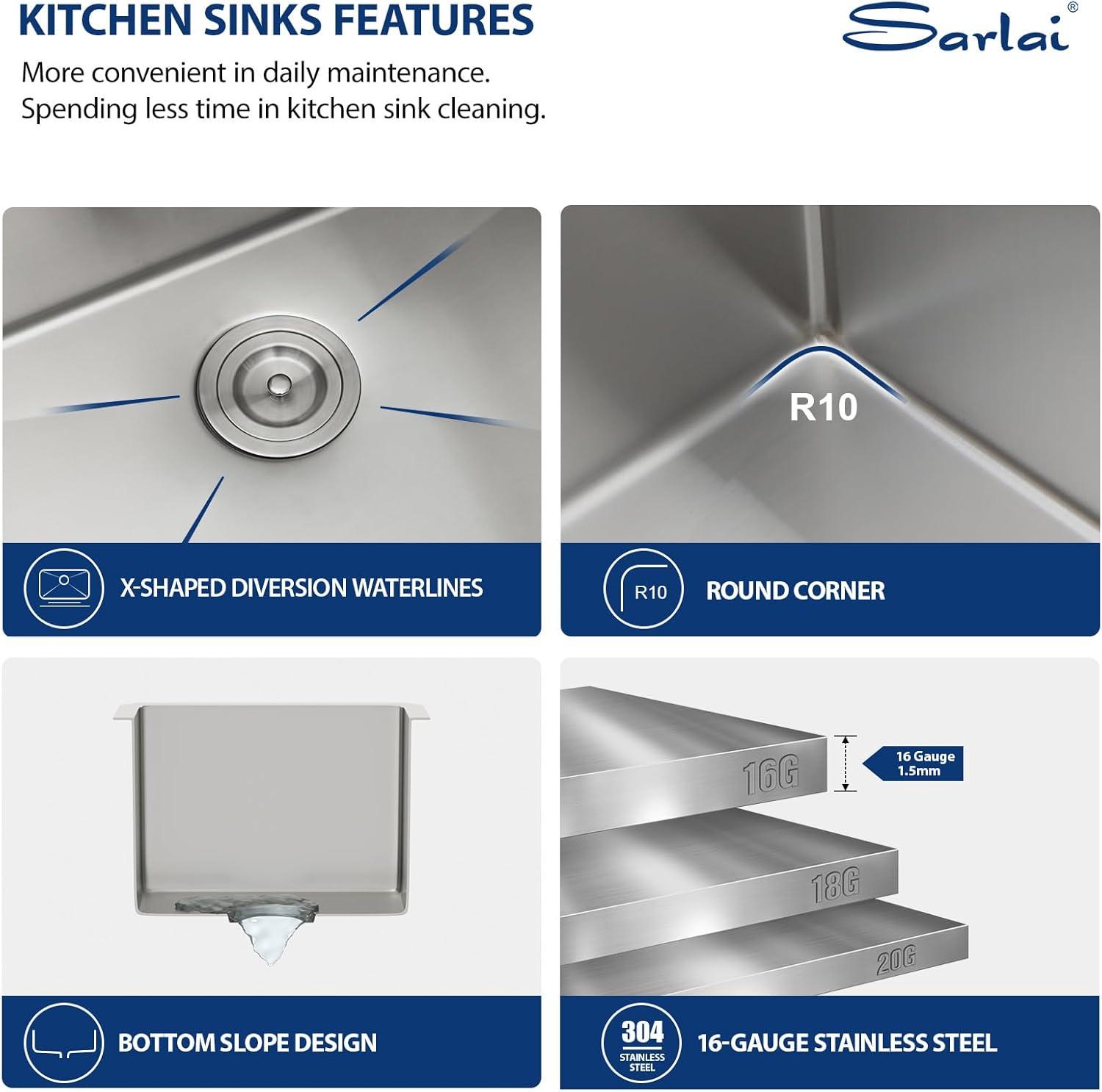 Sarlai 27 Undermount Kitchen Sink - 27 x 18 Kitchen Sink Undermount Single Bowl 16 Gauge Stainless Steel Under Counter Kitchen Sinks Round Corner Basin