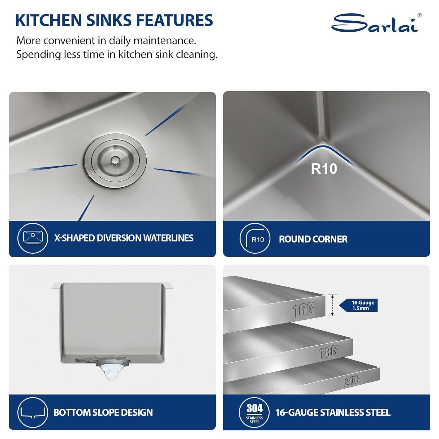 Sarlai 27 Undermount Kitchen Sink - 27 x 18 Kitchen Sink Undermount Single Bowl 16 Gauge Stainless Steel Under Counter Kitchen Sinks Round Corner Basin