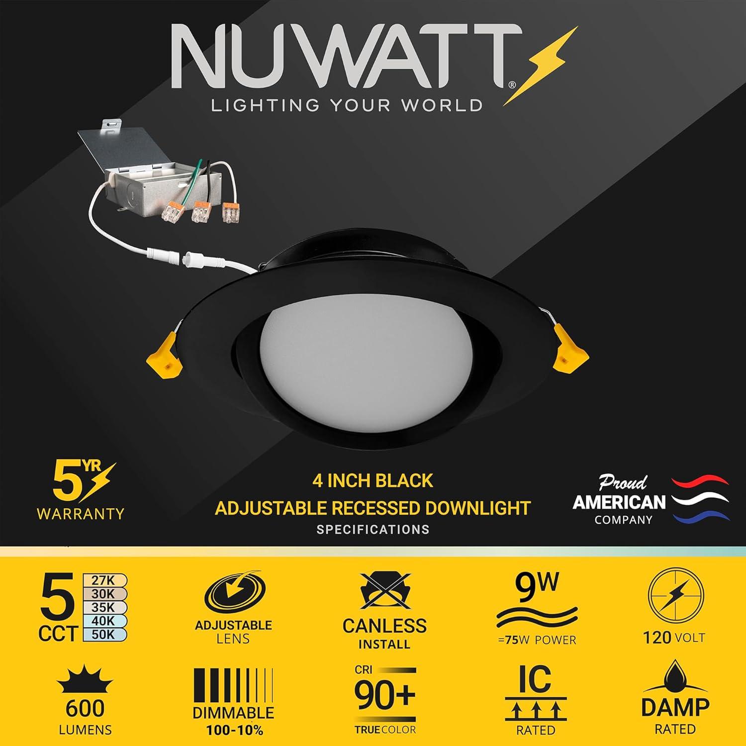 NuWatt 4 Inch Adjustable Recessed LED Ceiling Light,12 Pack 9W, Thin Fixture, 5CCT Selectable: 2700K-5000K, 630 lumens, 120V, Dimmable, IC Rated, w/ Junction Box, Black Trim