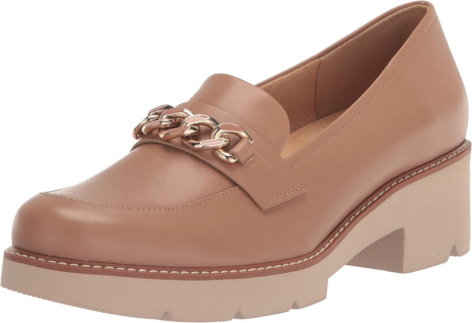 Desi Taupe Leather Platform Loafer with Metallic Chain Accent