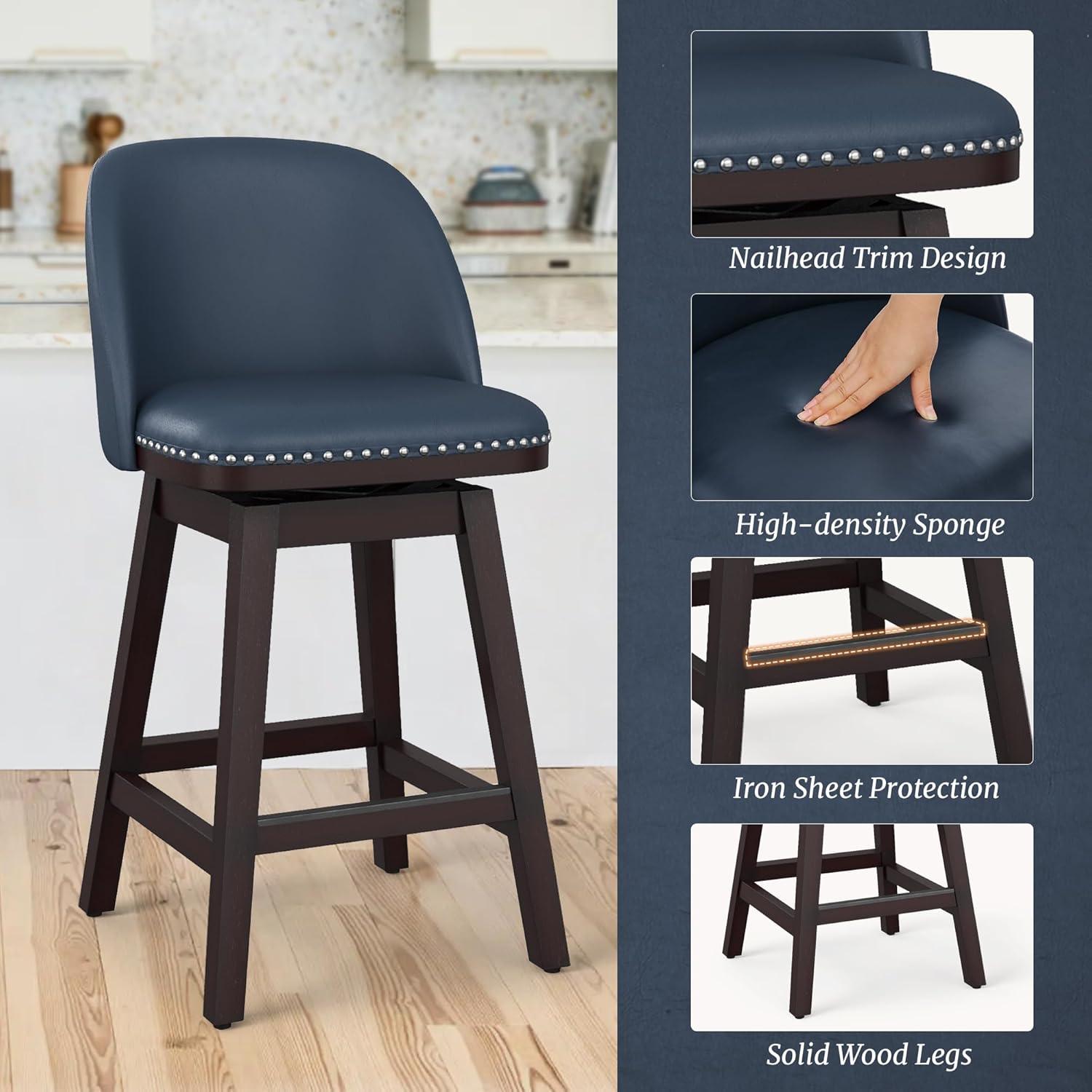 LUE BONA 26'' Swivel Bar Stools Set of 2, Counter Stools with Back & Footrest for Kitchen,Brown