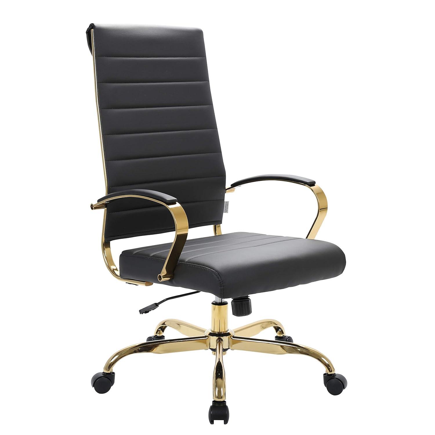 Everly Quinn Humairaa Benmar Leather Office Chair in Gold Base