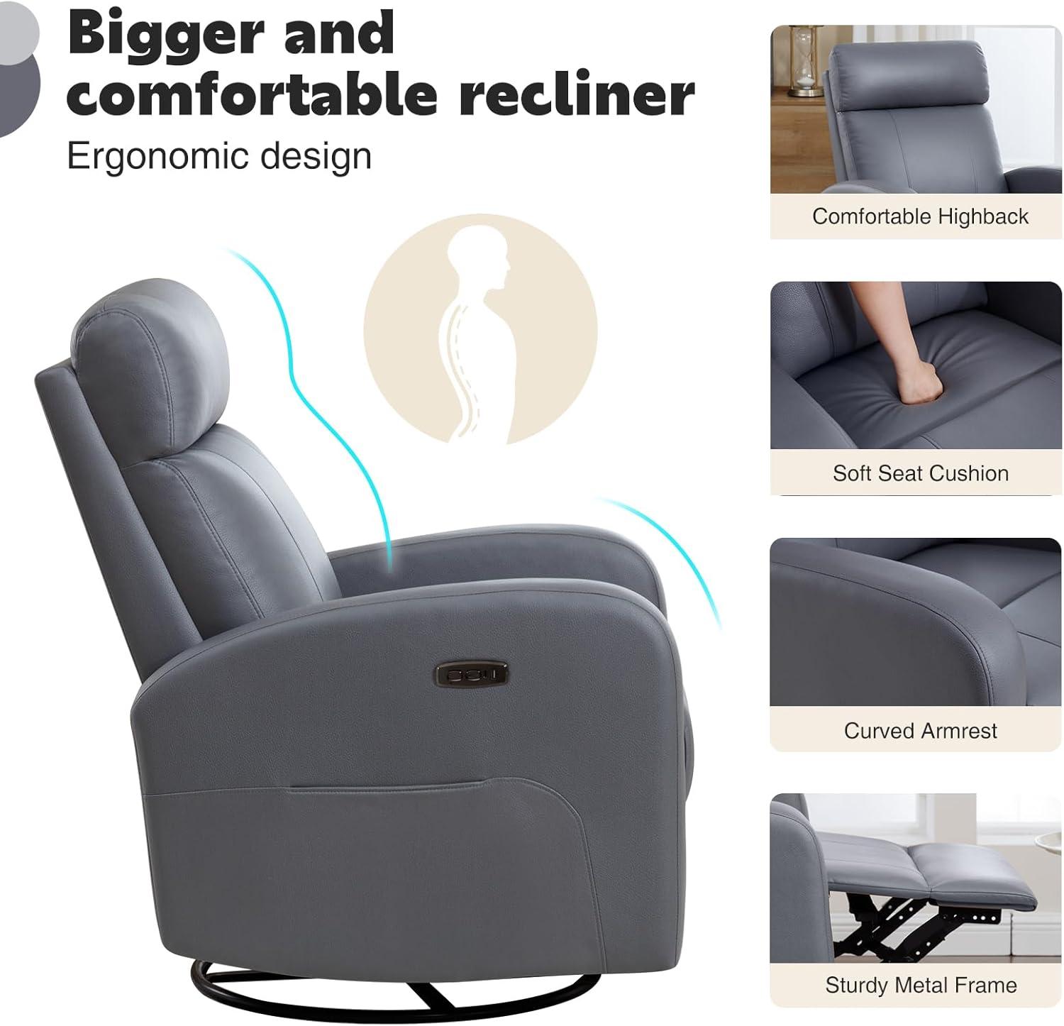 Aemeios Swivel Faux Leather Rocker Glider Power Rocking Recliner with USB and Type-C Ports, Gray