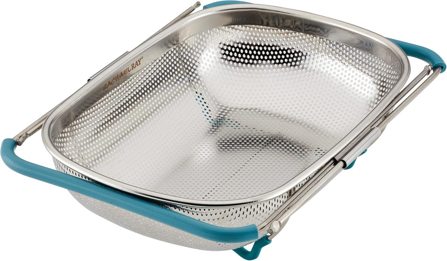 Rachael Ray Tools and Gadgets Over-the-Sink Stainless Steel Colander, 4.5 Quart, Agave Blue Handles