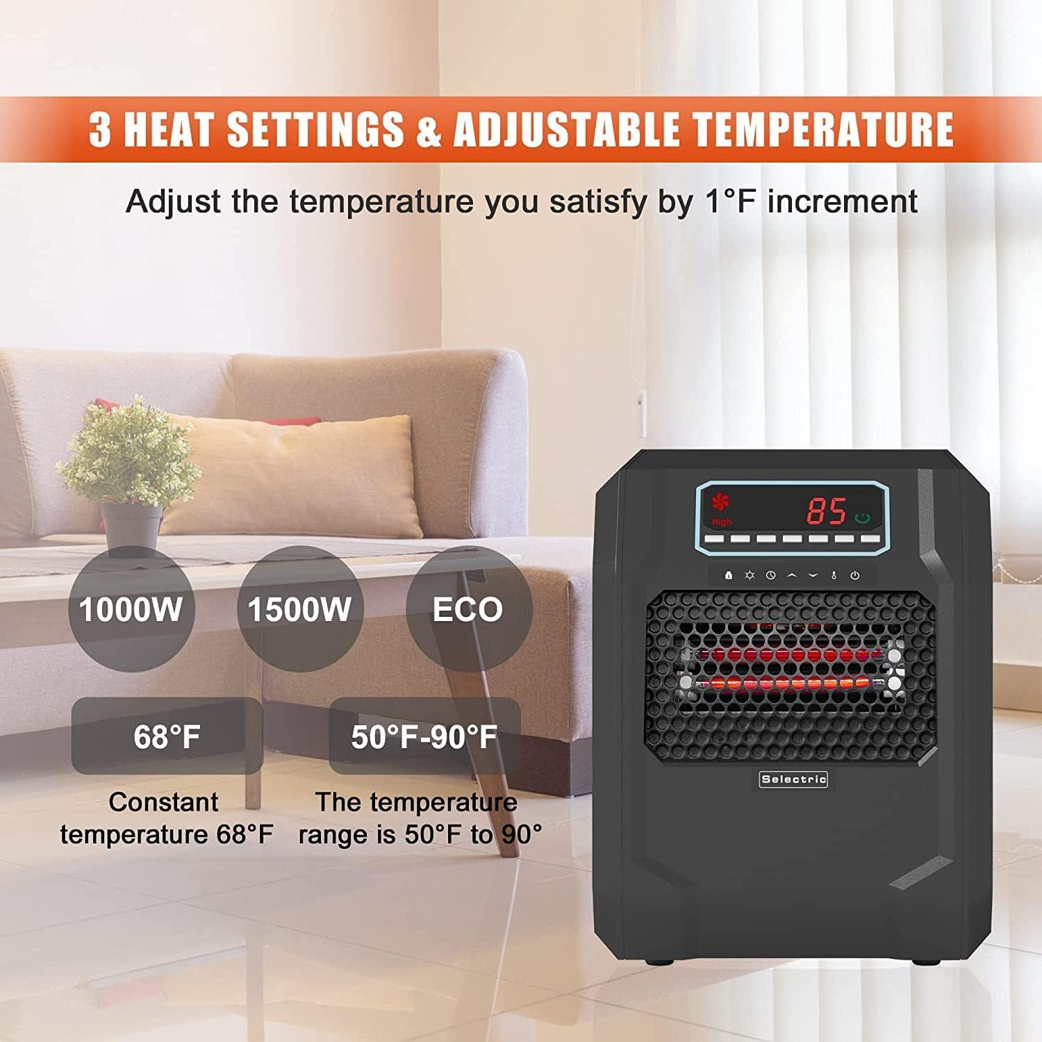 VOLTORB Freestanding Portable Electric Corded Space Heater with 6 Infrared Quartz Heat Element, LED Display, Remote Control & Fan Only Mode, Black