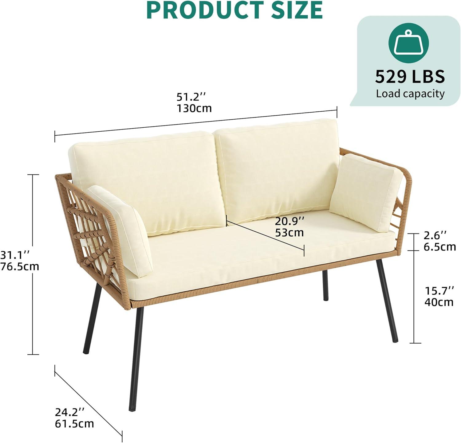 Beige Wicker and Steel Outdoor Sectional Loveseat with Cushions