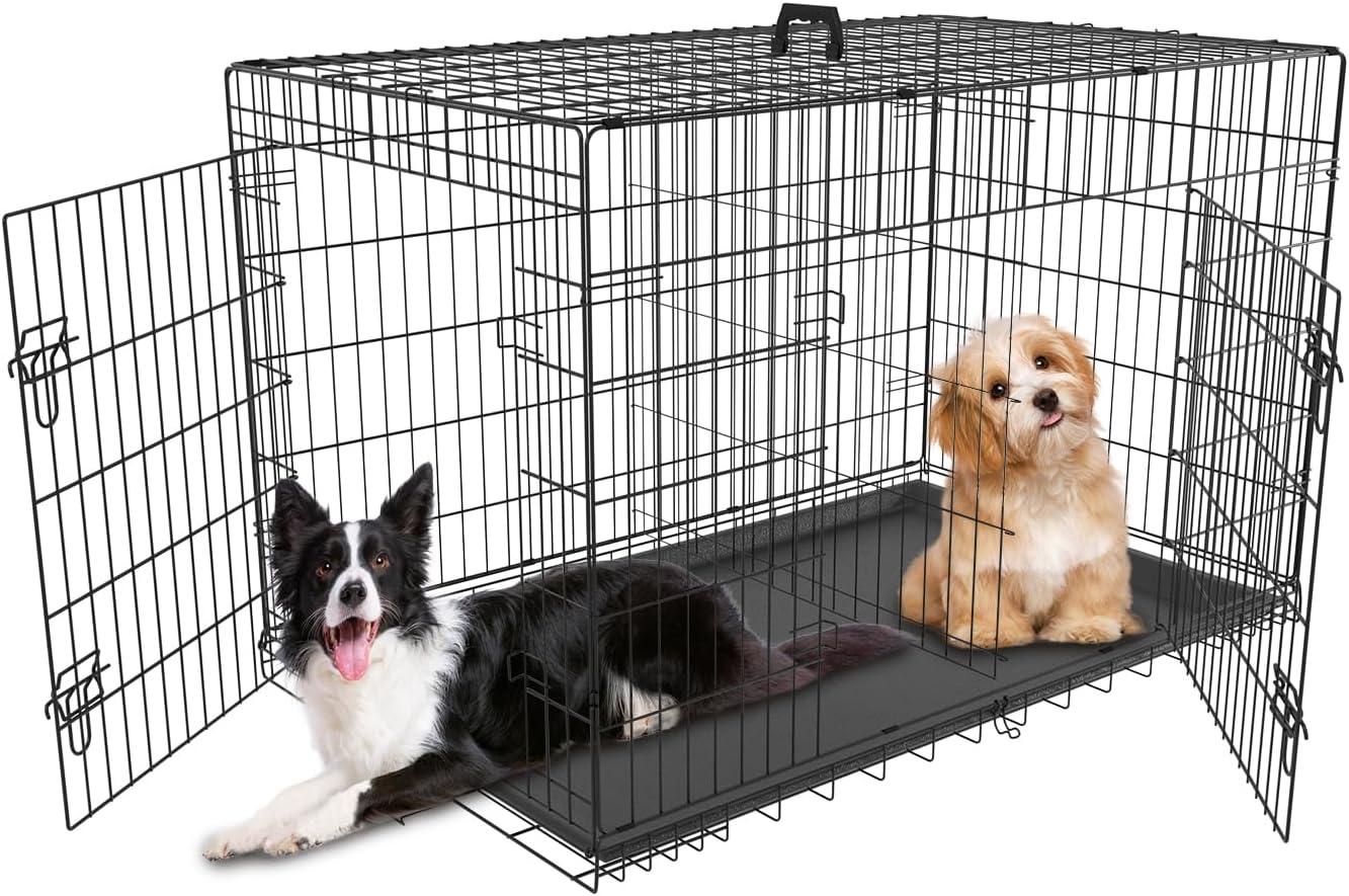 CL.HPAHKL Durable Large Dog Crate, Folding Metal Dog Kennel Double Door Dog Cage with Plastic Tray, Wire Crate for Large Dog Indoor Outdoor Travel (Black, 42 inch)