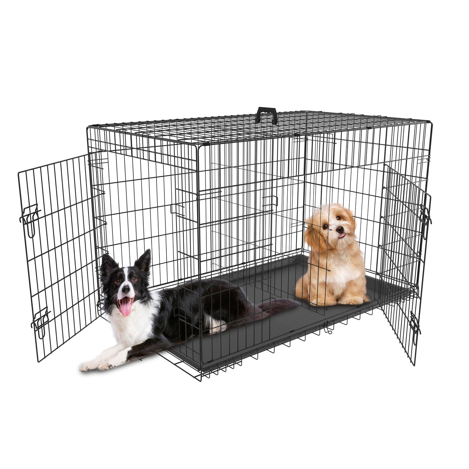 CL.HPAHKL Durable Large Dog Crate, Folding Metal Dog Kennel Double Door Dog Cage with Plastic Tray, Wire Crate for Large Dog Indoor Outdoor Travel (Black, 42 inch)