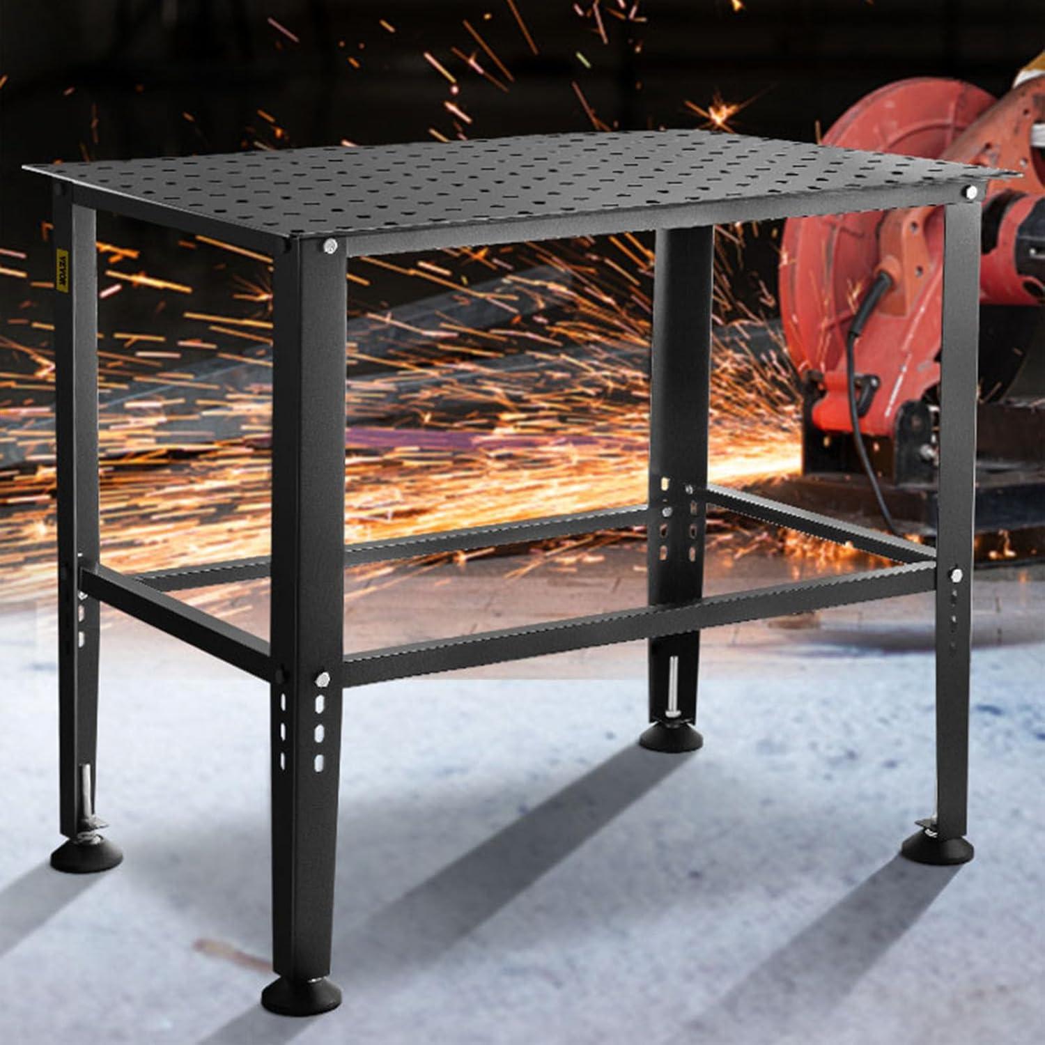VEVOR Welding Table, 36" x 24" Adjustable Workbench, 0.12" Thick Industrial, 600lb Load Capacity, Heavy Duty Carbon Steel, Gray Steel With Accessories
