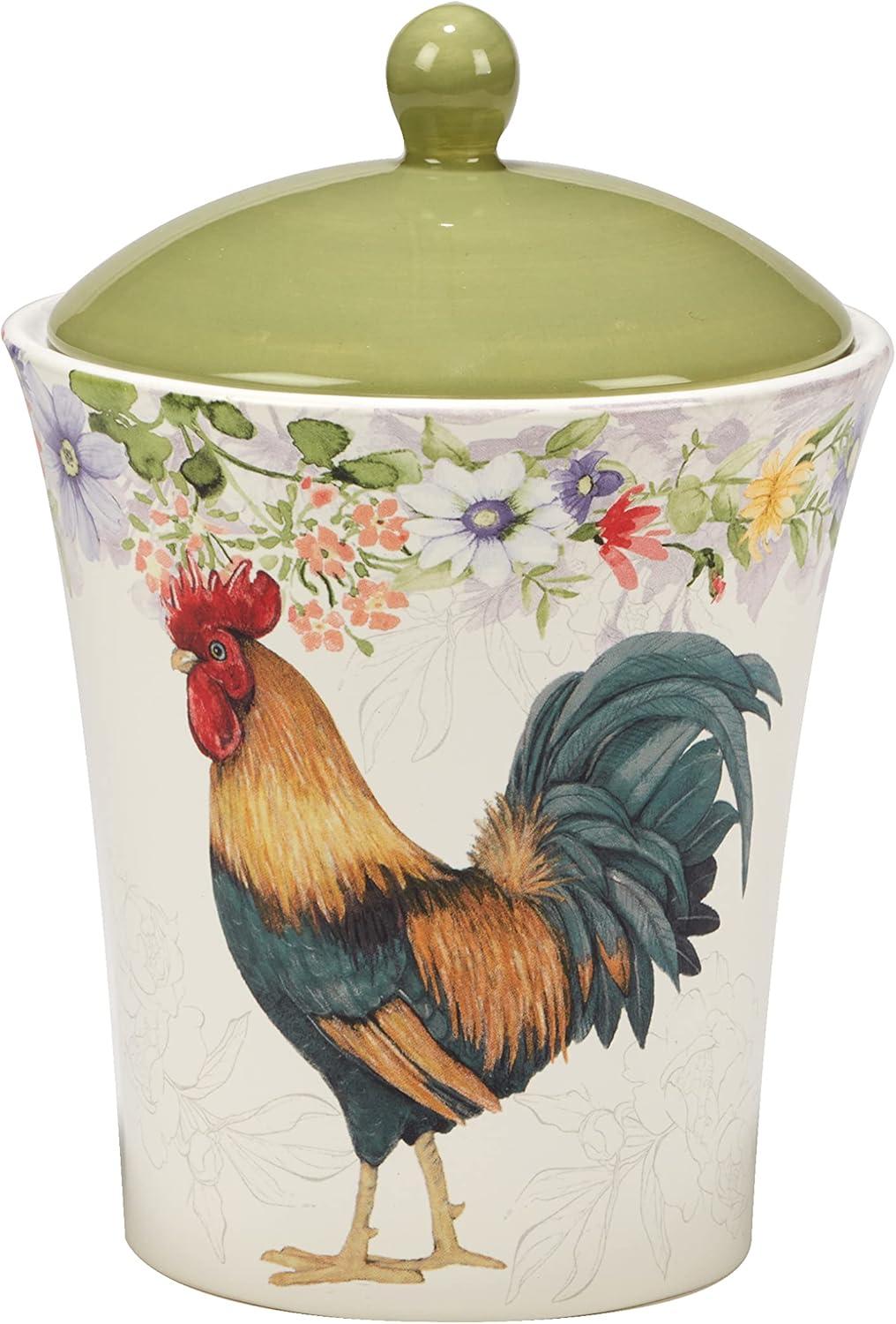 Green Ceramic Rooster Floral 3-Piece Canister Set