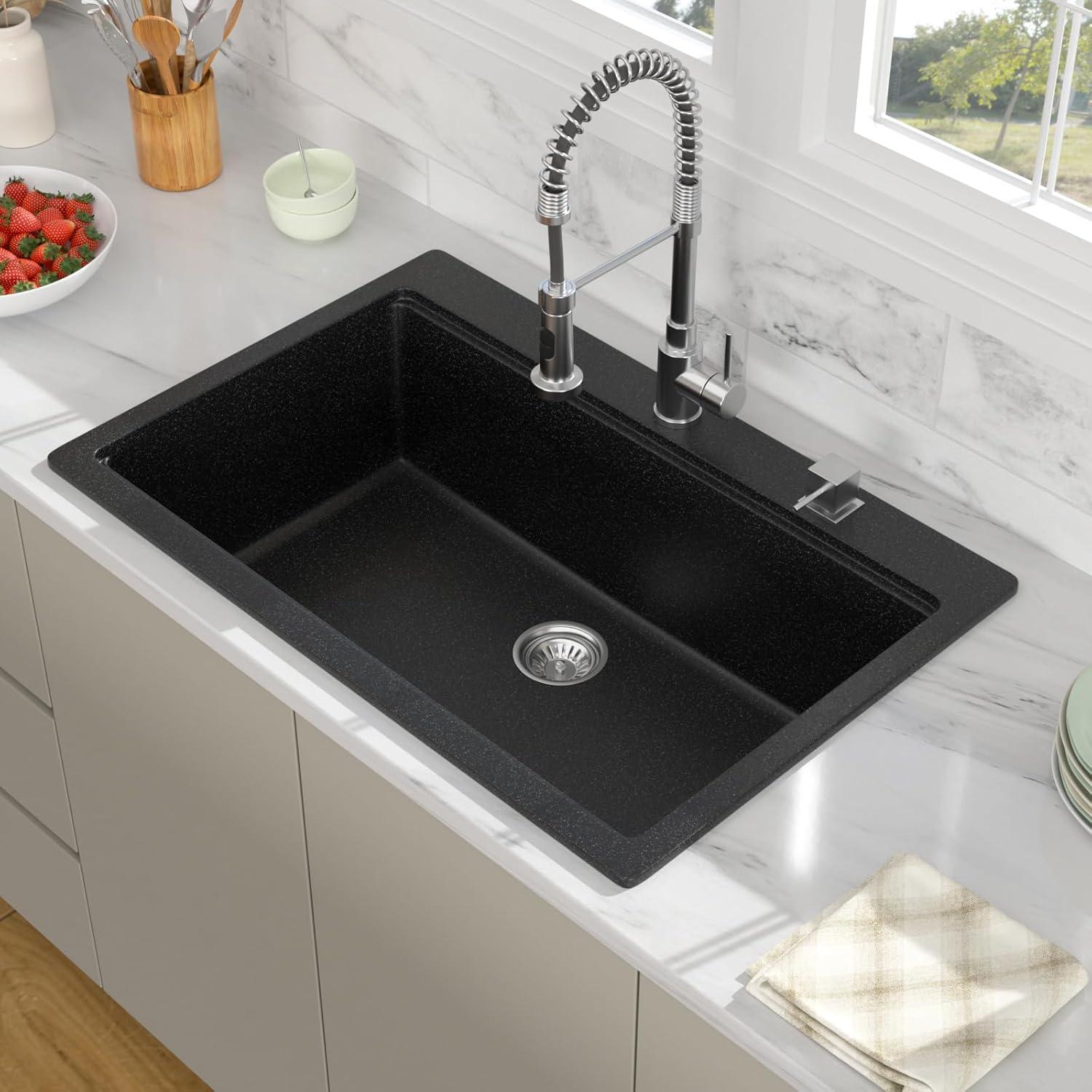 33 Granite Composite Kitchen Sink - 33x22 Inch Black Granite Kitchen Sinks Drop In Black Quartz Sink Ledge Workstation Classic Above Counter Single Bowl Sinks Basin