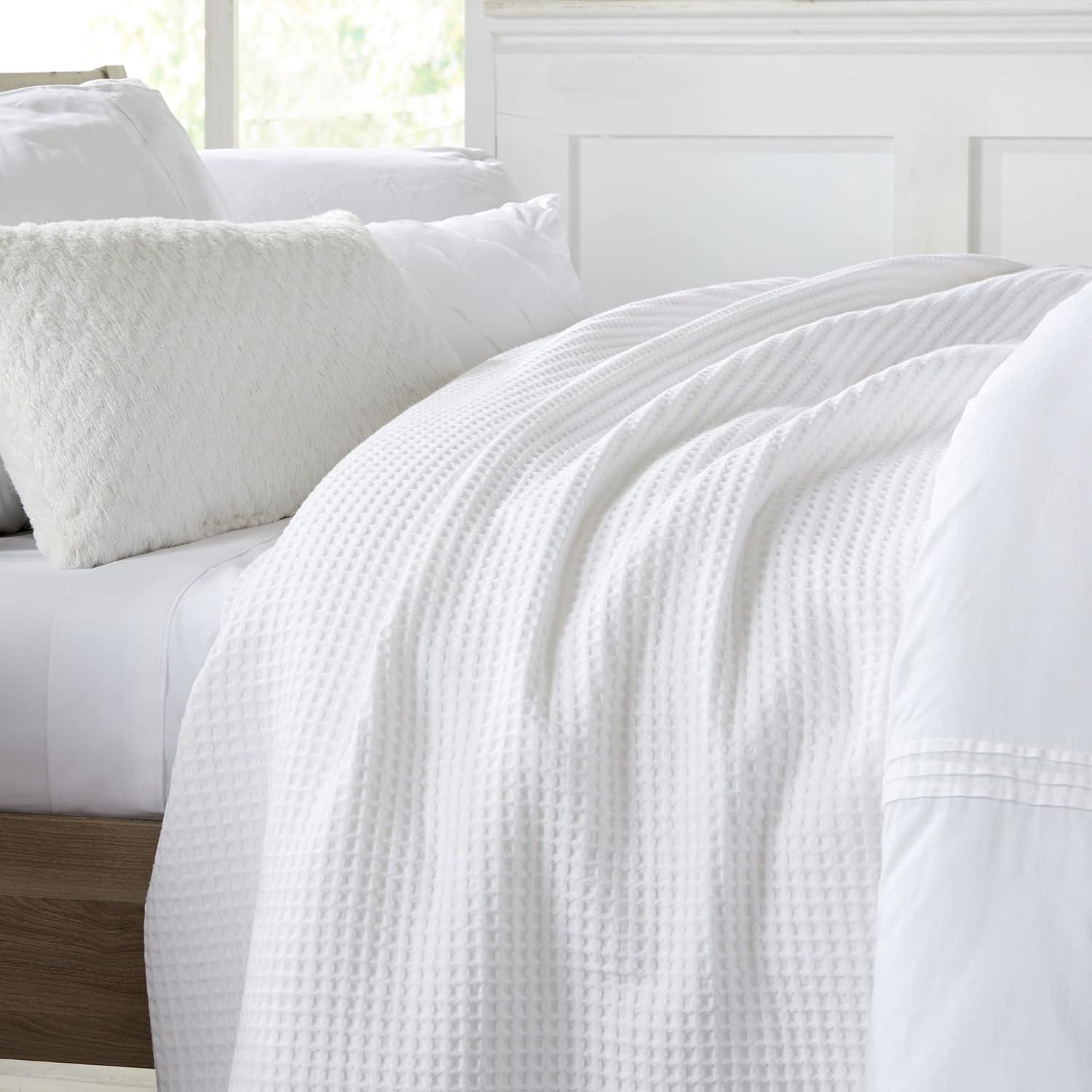 Full White Cotton Waffle Weave Bed Blanket