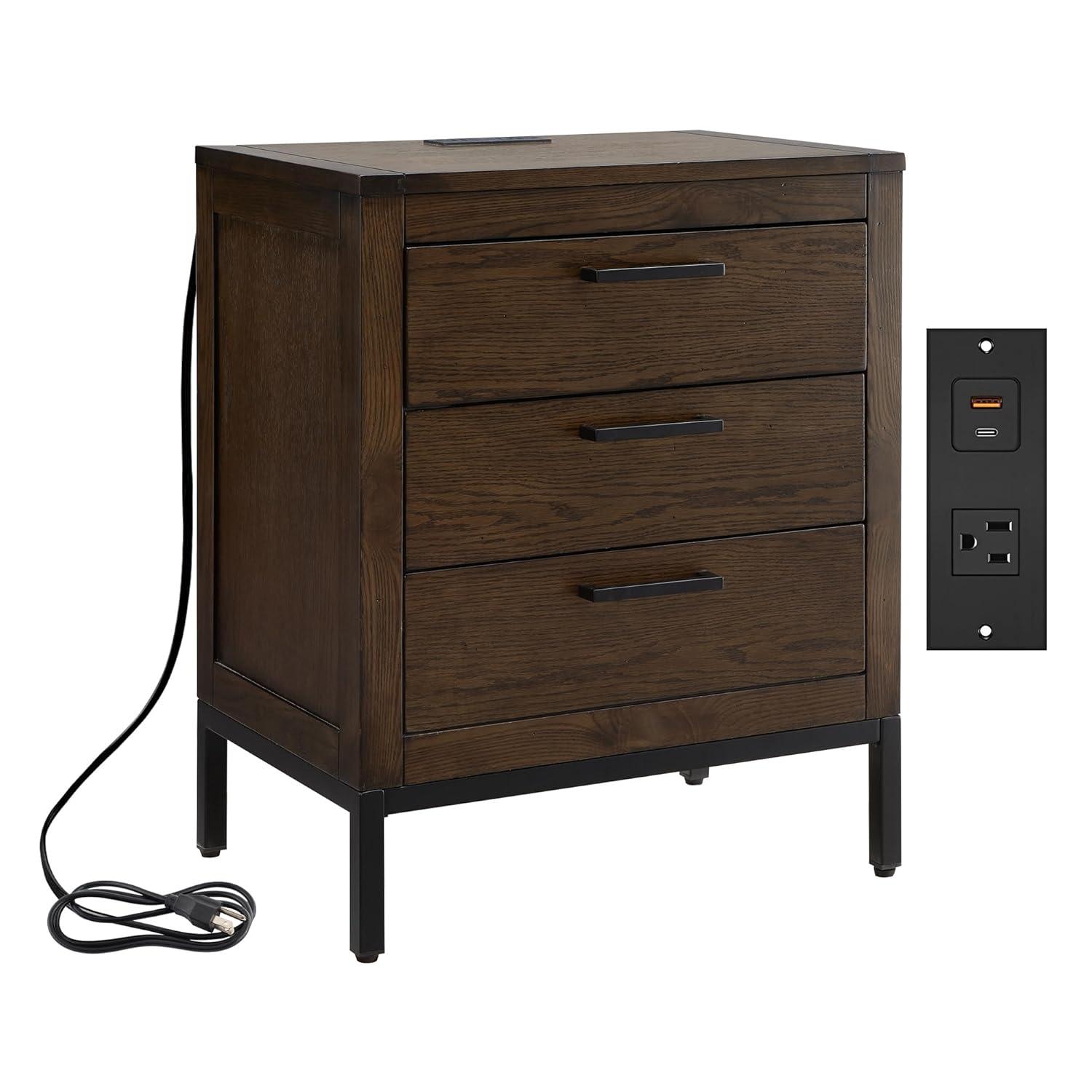 Tableau Nightstand Side Table With Top Drawer and Hidden Lower Cabinet Rustic Modern – USB-C Fast Charging Station, A/C and USB Charging Port Integrated – Durable Solid Wood, Distressed Riverstone