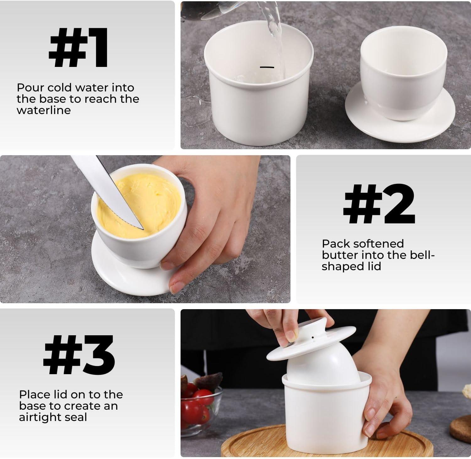 Flexzion Porcelain Butter Crock Butter Keeper, French Butter Dish Bell with Lid, Tabletop Spreadable Soft and Fresh Water Sealed Butter Holder Cafe Retro Collection Farmhouse Decor (White)