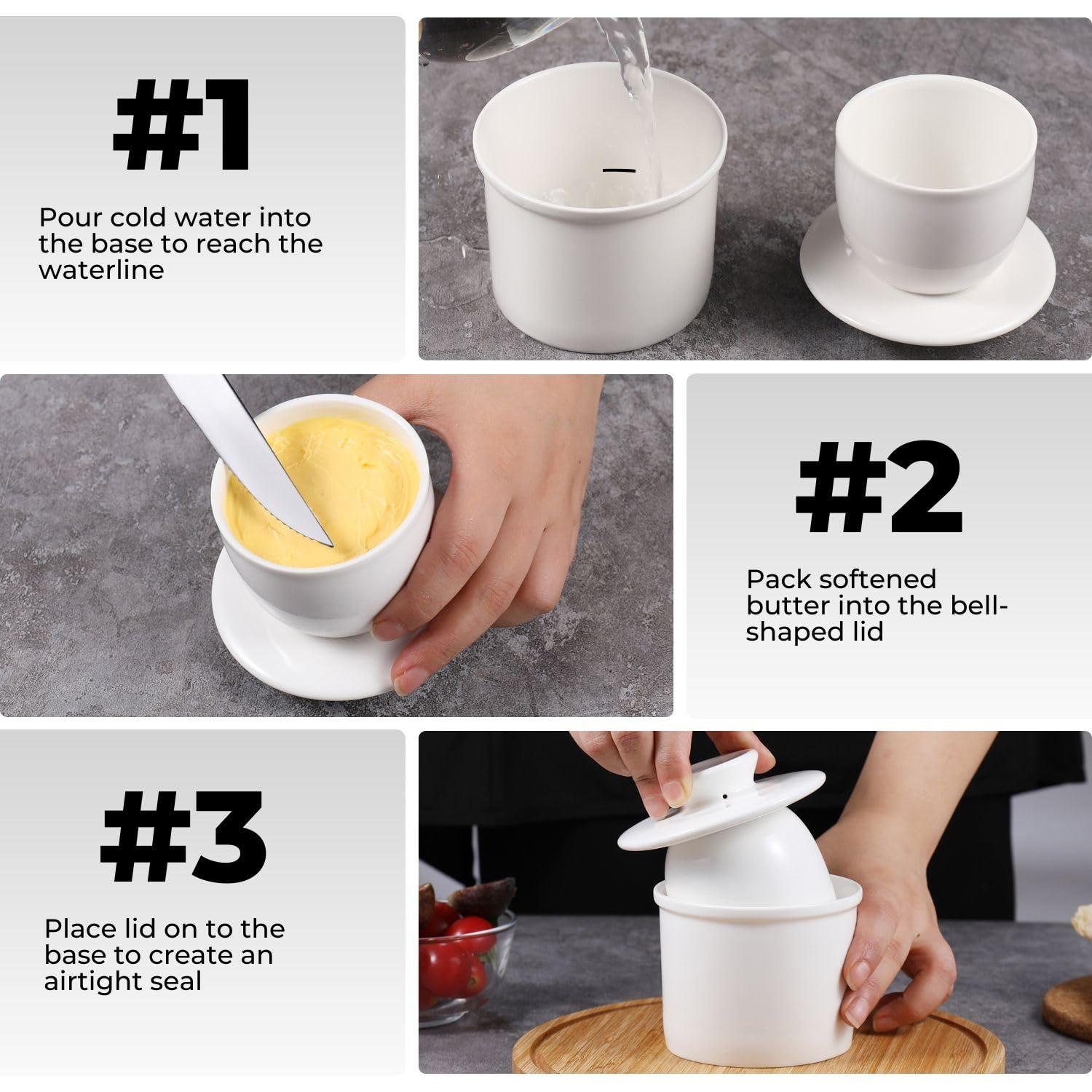 Flexzion Porcelain Butter Crock Butter Keeper, French Butter Dish Bell with Lid, Tabletop Spreadable Soft and Fresh Water Sealed Butter Holder Cafe Retro Collection Farmhouse Decor (White)